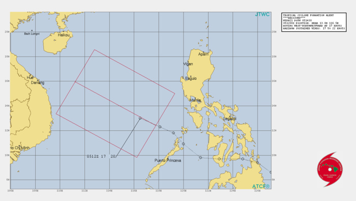 THE AREA OF CONVECTION (INVEST 92W) PREVIOUSLY LOCATED  NEAR 13.0N 116.5E IS NOW LOCATED NEAR 14.6N 114.0E, APPROXIMATELY  750 KM NORTHWEST OF PUERTO PRINCESA, PALAWAN. ANIMATED MULTISPECTRAL  SATELLITE IMAGERY DEPICTS BROAD, DISORGANIZED CONVECTION THAT  OBSCURES A BROAD, WEAK, AND ELONGATED LOW LEVEL CIRCULATION (LLC).  ENVIRONMENTAL ANALYSIS CONTINUES TO DEPICT MARGINALLY FAVORABLE  CONDITIONS FOR DEVELOPMENT WITH STRONG EQUATORWARD OUTFLOW AND VERY  WARM (30C) SEA SURFACE TEMPERATURES OFFSET BY MODERATE (15-20KT)  VERTICAL WIND SHEAR. A 052357Z DIRECT ASCAT-A PASS SHOWS MOSTLY 10- 15KT WIND BARBS AROUND THE LLC WITH PATCHES OF 20KT WIND BARBS IN  THE SOUTHEAST QUADRANT. MAXIMUM SUSTAINED SURFACE  WINDS ARE ESTIMATED AT 17 TO 22 KNOTS. MINIMUM SEA LEVEL PRESSURE IS  ESTIMATED TO BE NEAR 1006 MB. THE POTENTIAL FOR THE DEVELOPMENT OF A  SIGNIFICANT TROPICAL CYCLONE WITHIN THE NEXT 24 HOURS REMAINS HIGH. THE AREA OF CONVECTION (INVEST 92W) PREVIOUSLY LOCATED  NEAR 13.0N 116.5E IS NOW LOCATED NEAR 14.6N 114.0E, APPROXIMATELY  750 KM NORTHWEST OF PUERTO PRINCESA, PALAWAN. ANIMATED MULTISPECTRAL  SATELLITE IMAGERY DEPICTS BROAD, DISORGANIZED CONVECTION THAT  OBSCURES A BROAD, WEAK, AND ELONGATED LOW LEVEL CIRCULATION (LLC).  ENVIRONMENTAL ANALYSIS CONTINUES TO DEPICT MARGINALLY FAVORABLE  CONDITIONS FOR DEVELOPMENT WITH STRONG EQUATORWARD OUTFLOW AND VERY  WARM (30C) SEA SURFACE TEMPERATURES OFFSET BY MODERATE (15-20KT)  VERTICAL WIND SHEAR. A 052357Z DIRECT ASCAT-A PASS SHOWS MOSTLY 10- 15KT WIND BARBS AROUND THE LLC WITH PATCHES OF 20KT WIND BARBS IN  THE SOUTHEAST QUADRANT. MAXIMUM SUSTAINED SURFACE  WINDS ARE ESTIMATED AT 17 TO 22 KNOTS. MINIMUM SEA LEVEL PRESSURE IS  ESTIMATED TO BE NEAR 1006 MB. THE POTENTIAL FOR THE DEVELOPMENT OF A  SIGNIFICANT TROPICAL CYCLONE WITHIN THE NEXT 24 HOURS REMAINS HIGH.