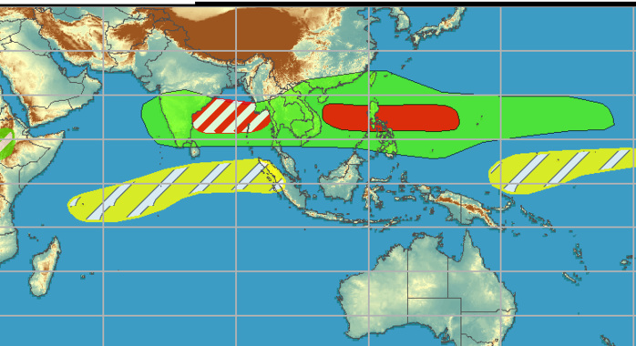 TC development is imminent across the South China Sea and this likely TC is forecast to track slowly, which could result in flooding across Hainan Island and/or parts of Vietnam during the next week. Another TC is likely to form just east of the Philippines during week-1, while model guidance favors a northeast shift across the West Pacific for the favored location by week-2. Enhanced convection, model guidance, and climatology support an increased chance of TC development across the Bay of Bengal through mid-October. Since timing is usually difficult to forecast for this region, a moderate confidence covers weeks 1 and 2. NOAA. TC development is imminent across the South China Sea and this likely TC is forecast to track slowly, which could result in flooding across Hainan Island and/or parts of Vietnam during the next week. Another TC is likely to form just east of the Philippines during week-1, while model guidance favors a northeast shift across the West Pacific for the favored location by week-2. Enhanced convection, model guidance, and climatology support an increased chance of TC development across the Bay of Bengal through mid-October. Since timing is usually difficult to forecast for this region, a moderate confidence covers weeks 1 and 2. NOAA.