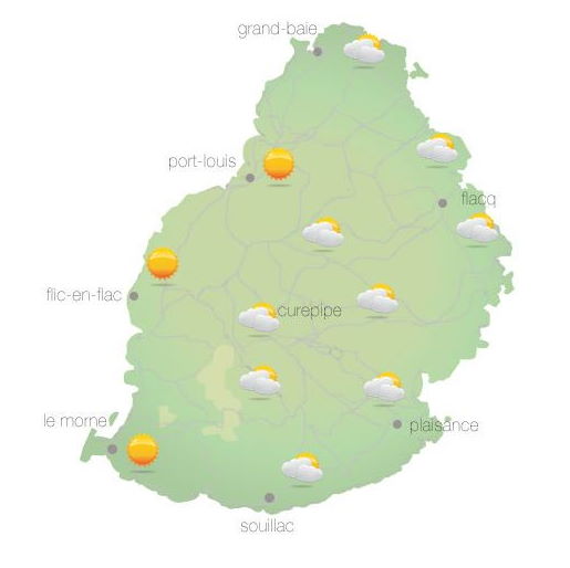 Bulletin prévision - Maurice  COMMUNIQUÉ DE LA MÉTÉO POUR MAURICE ÉMIS À 04H30 JEUDI 07 OCTOBRE 2021.  SITUATION GÉNÉRALE: Un courant d'air humide et instable circule sur notre région. D'autre part, des nuages associés à un faible système frontal venant du Sud-Ouest influenceront le temps local au cours de la journée.  PRÉVISIONS POUR LES PROCHAINES 24 HEURES: Il fera essentiellement beau tôt ce matin.   Le ciel deviendra graduellement nuageux par la suite sur le Plateau Central, au sud, à l'Est avec des averses localisées. Ces averses se répandront dans les autres secteurs au cours de l'après-midi et seront parfois d'intensité modérée.  La température maximale sera superieure à la moyenne par environ 2 degrés Celsius avec 23 à 26 degrés Celsius sur le plateau central et 28 à 31 degrés Celsius sur le littoral.  Des averses localisées et parfois modérées sont toujours prévues dans la soirée à travers l'île. Le ciel s'éclaircira graduellement au cours de la nuit.  La température minimale variera entre 16 et 18 degrés Celsius sur le plateau central et entre 20 et 22 degrés Celsius sur les régions côtières.  Vent léger et variable. Toutefois, le vent se renforcera sous les averses avec des rafales atteignant 50 km/h par endroits.  Mer agitée au-delà des récifs avec des vagues de 2 mètres.     Marées Hautes : 13h10 et demain 01h36.  Marées Basses : 07h06 et 19h38.     Lever du soleil       : 05h45.  Coucher du soleil : 18h09.     La pression atmosphérique à 04h00 : 1013 hectoPascals.