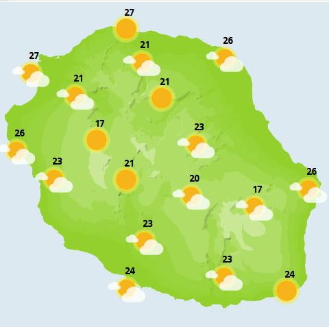 JOURNEE DU JEUDI 07  Passage d'un front en cours de journée.  Changement de Temps  : Au lever du jour, le ciel est clément sur la majeure partie de l'ile, cela ne va pas durer. Poussé par un vent de secteur Ouest quelques nuages porteurs d'averses viennent s'échouer sur les côtes Ouest, Sud-Ouest et Sud. Au fil de la matinée, les nuages s'installent sur le relief. Les points de vue perdent leurs attraits. Vers la mi journée, le ciel s'assombrit plus franchement  et de bonnes averses sont attendues  sur le relief.  Mais c'est sur  la moitié Est de Sainte Marie à Sainte Rose en passant par Salazie, Les Plaines et la région du Volcan que ces averses devraient prendre un caractère d'été et se monter soutenues. Même si le risque est faible un petit coup de tonnerre ne peut être sereinement écarté.  Le vent faible se renforce en journée en tournant au secteur Sud et atteint 50 km/h en rafales l'après-midi entre le secteur des plages et Saint Denis et sur le flanc Est du Volcan. Quelques rafales sont également attendues sur le relief.  Mer généralement agitée sans houle significative.