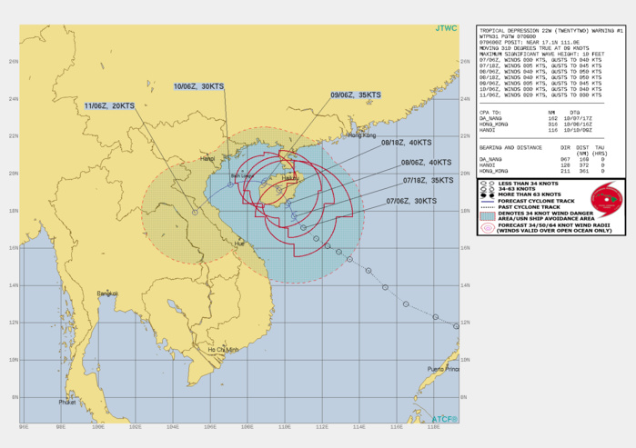 FORECAST REASONING.  SIGNIFICANT FORECAST CHANGES: THIS INITIAL PROGNOSTIC REASONING MESSAGE ESTABLISHES THE FORECAST PHILOSOPHY.  FORECAST DISCUSSION: TD 22W IS TRACKING SLOWLY WITHIN A COMPETING STEERING ENVIRONMENT AND IS EXPECTED TO TRACK SLOWLY NORTHWESTWARD TO NORTH-NORTHWESTWARD THROUGH 36H THEN TURN WESTWARD THROUGH 72H AS THE LOW- TO MID-LEVEL STR BECOMES THE PRIMARY STEERING INFLUENCE. CONDITIONS SHOULD REMAIN FAVORABLE THROUGH 24H WITH A PEAK INTENSITY OF 40 KNOTS FORECAST AT 24H, POSSIBLY SLIGHTLY HIGHER NEAR THE LANDFALL TIME. AFTER 24H, INTERACTION WITH LAND IS EXPECTED TO HINDER DEVELOPMENT WITH GRADUAL WEAKENING ANTICIPATED  AS THE SYSTEM TRACKS ACROSS HAINAN ISLAND. AS THE SYSTEM EMERGES  OVER THE GULF OF TONKIN AFTER 48H, REINTENSIFICATION IS UNLIKELY  DUE TO LAND INTERACTION AND INCREASING NORTHEASTERLY VERTICAL WIND  SHEAR. AFTER 72H, TD 22W WILL TURN SOUTHWESTWARD UNDER A  NORTHEAST-SOUTHWEST ORIENTED STR. THE SYSTEM IS EXPECTED TO  DISSIPATE BY 96H AS IT TRACKS INLAND OVER MOUNTAINOUS TERRAIN. FORECAST REASONING.  SIGNIFICANT FORECAST CHANGES: THIS INITIAL PROGNOSTIC REASONING MESSAGE ESTABLISHES THE FORECAST PHILOSOPHY.  FORECAST DISCUSSION: TD 22W IS TRACKING SLOWLY WITHIN A COMPETING STEERING ENVIRONMENT AND IS EXPECTED TO TRACK SLOWLY NORTHWESTWARD TO NORTH-NORTHWESTWARD THROUGH 36H THEN TURN WESTWARD THROUGH 72H AS THE LOW- TO MID-LEVEL STR BECOMES THE PRIMARY STEERING INFLUENCE. CONDITIONS SHOULD REMAIN FAVORABLE THROUGH 24H WITH A PEAK INTENSITY OF 40 KNOTS FORECAST AT 24H, POSSIBLY SLIGHTLY HIGHER NEAR THE LANDFALL TIME. AFTER 24H, INTERACTION WITH LAND IS EXPECTED TO HINDER DEVELOPMENT WITH GRADUAL WEAKENING ANTICIPATED  AS THE SYSTEM TRACKS ACROSS HAINAN ISLAND. AS THE SYSTEM EMERGES  OVER THE GULF OF TONKIN AFTER 48H, REINTENSIFICATION IS UNLIKELY  DUE TO LAND INTERACTION AND INCREASING NORTHEASTERLY VERTICAL WIND  SHEAR. AFTER 72H, TD 22W WILL TURN SOUTHWESTWARD UNDER A  NORTHEAST-SOUTHWEST ORIENTED STR. THE SYSTEM IS EXPECTED TO  DISSIPATE BY 96H AS IT TRACKS INLAND OVER MOUNTAINOUS TERRAIN.