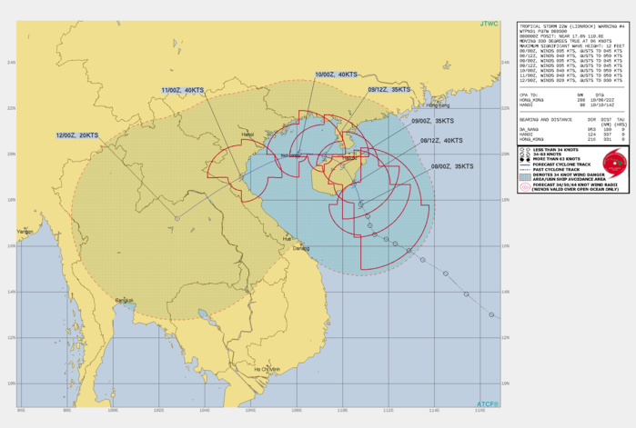 FORECAST REASONING.  SIGNIFICANT FORECAST CHANGES: THERE ARE NO SIGNIFICANT CHANGES TO THE FORECAST FROM THE PREVIOUS WARNING.  FORECAST DISCUSSION: TS 22W IS CURRENTLY MOVING NORTHWARD ALONG THE SOUTHWEST SIDE OF A MASSIVE STR COMPLEX CENTERED SOUTHEAST OF JAPAN. THE TRACK IS EXPECTED TO CONTINUE NORTHWARD THROUGH 24H AS THE RIDGE REMAINS FIRMLY ENTRENCHED TO ITS NORTHEAST. THE SYSTEM IS EXPECTED TO MAKE LANDFALL ALONG THE COAST OF HAINAN ISLAND WITHIN THE NEXT 12 HOURS, THEN CROSS THE ISLAND, EMERGING INTO THE GULF OF TONKIN NEAR 36H. BY 36H A NEW RIDGE CENTER BEGINS TO DEVELOP OVER SOUTH-CENTRAL CHINA, DUE NORTH OF TS 22W, WHICH WILL BLOCK ANY FURTHER POLEWARD MOVEMENT AND TURN THE SYSTEM TO THE WEST. BY 48H THE RIDGE REORIENTS TO A SOUTHWEST-NORTHEAST AXIS, PUSHING TS 22W ONTO A SOUTHWESTWARD TRACK THROUGH THE REMAINDER OF THE FORECAST PERIOD. A SECOND LANDFALL IS EXPECTED IN NORTH CENTRAL VIETNAM AROUND 72H. WHILE THE PROXIMITY TO LAND AND THE BROAD NATURE OF THE SYSTEM WILL SERVE AS A BRAKE ON DEVELOPMENT, THE OVERALL FAVORABLE ENVIRONMENT WILL SUPPORT INTENSIFICATION TO 40 KNOTS PRIOR TO LANDFALL, FOLLOWED BY SLOW WEAKENING AS THE SYSTEM CROSSES HAINAN. DUE TO THE BROAD NATURE OF THE CIRCULATION, EVEN WHEN CROSSING HAINAN, GALE FORCE WINDS ARE EXPECTED IN THE OFFSHORE AREAS OF THE ISLAND, PARTICULARLY TO THE NORTH. THE SYSTEM IS EXPECTED TO REEMERGE INTO THE GULF OF TONKIN AS A WEAK TROPICAL STORM, BUT INCREASED EASTERLY SHEAR WEAK CONVERGENT FLOW ALOFT WILL INHIBIT MUCH IN THE WAY OF INTENSIFICATION, WITH A SECOND PEAK OF 40 KNOTS EXPECTED PRIOR TO LANDFALL IN VIETNAM. ONCE ASHORE IN VIETNAM THE SYSTEM WILL RAPIDLY DISSIPATE OVER THE MOUNTAINOUS TERRAIN.