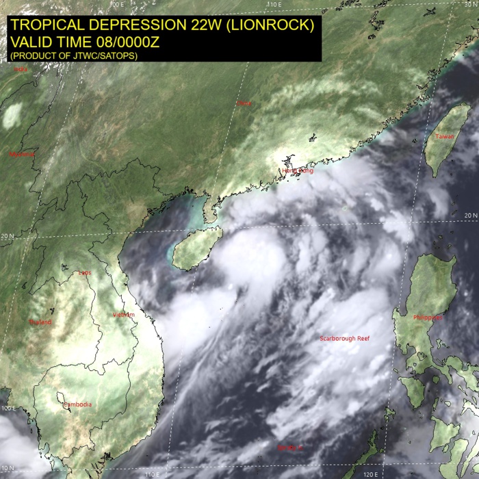 SATELLITE ANALYSIS, INITIAL POSITION AND INTENSITY DISCUSSION: ANIMATED MULTISPECTRAL SATELLITE IMAGERY (MSI) SHOWS A PARTIALLY EXPOSED LOW LEVEL CIRCULATION CENTER (LLCC), WITH CURVED BANDS OF DEEP CONVECTION WELL ENTRENCHED TO THE SOUTH AND EAST OF THE LLCC, WITH WEAKER CONVECTIVE BANDS STARTING TO DEVELOP ON THE WESTERN SIDE WITHIN THE PAST COUPLE OF HOURS. THE RADIUS OF MAXIMUM WINDS CONTINUES TO SLOWLY CONSOLIDATE THOUGH A BAND OF HIGHER, NEAR-GALE FORCE WINDS, REMAINS IN PLACE IN A WIDE ARC APPROXIMATELY 230KM OUT FROM THE CENTER EXTENDING FROM SOUTH OF HONG KONG TO WEST OF THE PHILIPPINES. THE INITIAL POSITION IS ASSESSED WITH MEDIUM CONFIDENCE BASED ON SPIRAL BAND ANALYSIS OF THE EXPOSED LLCC AND ANIMATED RADAR DATA. THE INITIAL INTENSITY OF 35 KNOTS IS ASSESSED WITH MEDIUM CONFIDENCE, SLIGHTLY HIGHER THAN THE MAJORITY OF THE AGENCY DVORAK CURRENT INTENSITY ESTIMATES IN LIGHT OF THE ADT AND SATCON ESTIMATES AND OVERALL IMPROVING CONVECTIVE SIGNATURE. THE SYSTEM REMAINS IN A RELATIVELY FAVORABLE ENVIRONMENT CHARACTERIZED BY WARM (29-30C) SSTS, LOW (5-10 KTS) VWS AND STRONG POLEWARD AND EQUATORWARD OUTFLOW. TS 22W IS CURRENTLY MOVING NORTHWARD ALONG THE SOUTHWESTERN PERIPHERY OF A DEEP-LAYER SUBTROPICAL RIDGE (STR) TO THE NORTHEAST. SATELLITE ANALYSIS, INITIAL POSITION AND INTENSITY DISCUSSION: ANIMATED MULTISPECTRAL SATELLITE IMAGERY (MSI) SHOWS A PARTIALLY EXPOSED LOW LEVEL CIRCULATION CENTER (LLCC), WITH CURVED BANDS OF DEEP CONVECTION WELL ENTRENCHED TO THE SOUTH AND EAST OF THE LLCC, WITH WEAKER CONVECTIVE BANDS STARTING TO DEVELOP ON THE WESTERN SIDE WITHIN THE PAST COUPLE OF HOURS. THE RADIUS OF MAXIMUM WINDS CONTINUES TO SLOWLY CONSOLIDATE THOUGH A BAND OF HIGHER, NEAR-GALE FORCE WINDS, REMAINS IN PLACE IN A WIDE ARC APPROXIMATELY 230KM OUT FROM THE CENTER EXTENDING FROM SOUTH OF HONG KONG TO WEST OF THE PHILIPPINES. THE INITIAL POSITION IS ASSESSED WITH MEDIUM CONFIDENCE BASED ON SPIRAL BAND ANALYSIS OF THE EXPOSED LLCC AND ANIMATED RADAR DATA. THE INITIAL INTENSITY OF 35 KNOTS IS ASSESSED WITH MEDIUM CONFIDENCE, SLIGHTLY HIGHER THAN THE MAJORITY OF THE AGENCY DVORAK CURRENT INTENSITY ESTIMATES IN LIGHT OF THE ADT AND SATCON ESTIMATES AND OVERALL IMPROVING CONVECTIVE SIGNATURE. THE SYSTEM REMAINS IN A RELATIVELY FAVORABLE ENVIRONMENT CHARACTERIZED BY WARM (29-30C) SSTS, LOW (5-10 KTS) VWS AND STRONG POLEWARD AND EQUATORWARD OUTFLOW. TS 22W IS CURRENTLY MOVING NORTHWARD ALONG THE SOUTHWESTERN PERIPHERY OF A DEEP-LAYER SUBTROPICAL RIDGE (STR) TO THE NORTHEAST.
