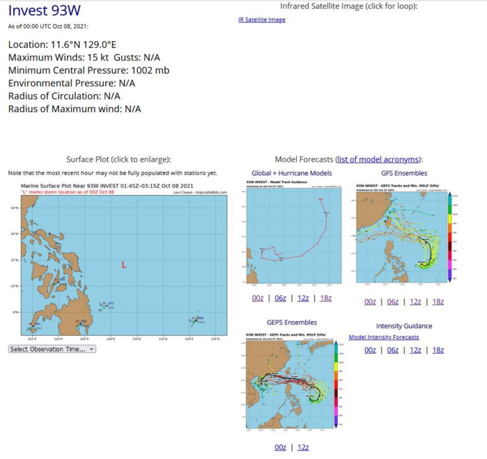 THE AREA OF CONVECTION (INVEST 93W) PREVIOUSLY LOCATED  NEAR 13.1N 131.4E IS NOW LOCATED NEAR 12.4N 131.3E, APPROXIMATELY   1140KM EAST OF MANILA. ANIMATED MULTISPECTRAL SATELLITE IMAGERY (MSI)  DEPICTS AN EXPOSED, BROAD LOW-LEVEL CIRCULATION (LLC) WITH EXTENSIVE  CONVECTION OVER THE SOUTHERN SEMICIRCLE ASSOCIATED WITH CONVERGENT  LOW-LEVEL WESTERLIES. A 080036Z ASCAT-B IMAGE REVEALS A DEFINED,  ELONGATED CIRCULATION WITH 25-30 KNOT WESTERLIES AND WEAKER WINDS  (05-20 KNOTS) ELSEWHERE. A 080444Z AMSR2 89GHZ COMPOSITE IMAGE SHOWS  FRAGMENTED BANDING OVER THE WESTERN AND SOUTHERN PERIPHERIES BUT  LITTLE EVIDENCE OF A DEFINED LLC. UPPER-LEVEL ANALYSIS INDICATES A  MARGINAL ENVIRONMENT WITH CONVERGENT NORTHERLY FLOW OVER THE LLC AND  LOW TO MODERATE (10-20 KTS) VERTICAL WIND SHEAR. GLOBAL MODELS  INDICATE INVEST 93W WILL MERGE WITH INVEST 94W IN THE NEXT FEW DAYS.  THERE IS SIGNIFICANT UNCERTAINTY IN HOW THESE TWO SYSTEMS WILL  DEVELOP AND MERGE WITH HIGH UNCERTAINTY IN TRACK MOTION AS WELL.  MAXIMUM SUSTAINED SURFACE WINDS ARE ESTIMATED AT 15 TO 20 KNOTS.  MINIMUM SEA LEVEL PRESSURE IS ESTIMATED TO BE NEAR 1002 MB. THE  POTENTIAL FOR THE DEVELOPMENT OF A SIGNIFICANT TROPICAL CYCLONE  WITHIN THE NEXT 24 HOURS IS UPGRADED TO MEDIUM.