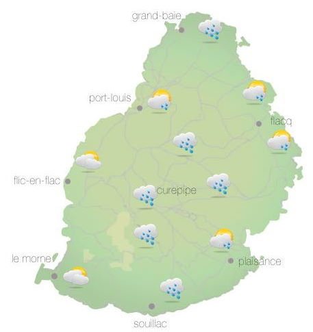 Bulletin prévision - Maurice  COMMUNIQUÉ DE LA MÉTÉO POUR MAURICE ÉMIS À 04H30 VENDREDI 08 OCTOBRE 2021.     SITUATION GÉNÉRALE:  Des nuages associés à la zone d'instabilité venant de l'Ouest influençent le temps local.  D'autre part,un anticyclone s'approche des Mascareignes par le Sud-Ouest et renforçera le vent sur notre région.     PRÉVISIONS POUR LES PROCHAINES 24 HEURES:  Nuageux ce matin avec des averses. Les averses pourraient être localement modérées par moments.  Le temps s'améliorera graduellement plus tard dans la matinée.  Des poches de brouillard seront présentes dans certaines régions.  Ciel-couvert dans l'après-midi.     La température maximale sera de 23 à 25 degrés Celsius sur le plateau central et de 27 à 29 degrés Celsius sur le littoral.     Le temps sera beau durant la nuit.     La température minimale variera entre 15 et 17 degrés Celsius sur les hauteurs et entre 19 et 21 degrés Celsius sur les régions côtières.     Vent du secteur Sud d'environ 15 km/h ce matin, se renforçant au-cours de la journée tout en se tournant vers le Sud-Est.     Mer agitée au-delà des récifs avec des vagues de 2 mètres.     Marées Hautes : 13h36 et demain 02h17.  Marées Basses : 07h38 et 20h14.     Lever du soleil       : 05h44.  Coucher du soleil : 18h10.     La pression atmosphérique à 04h00 : 1014 hectoPascals.