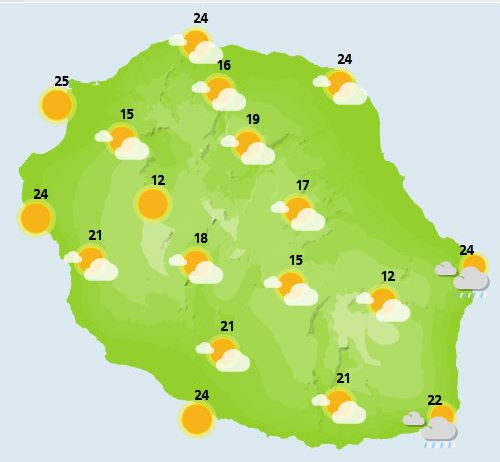 Situation générale le VENDREDI 08  Flux de secteur Sud Est modéré à assez fort sur le Sud sauvage.    NUIT DU VENDREDI 08 au SAMEDI 09  Une légère dégradation du temps est attendue sur les régions allant de Saint Joseph à Saint Anne où des averses faibles à localement modérées s'invitent par moments. Au fil des heures, ces précipitations perdent de leur intensité. Plus au Nord, les averses se déclenchent principalement en première partie de nuit. Ailleurs, le temps est plus clément et le ciel peu nuageux. Le vent garde de sa vigueur, de secteur Sud-Est, les rafales avoisinent les 50 km/h sur les côtes Nord-Est et Sud-Ouest. Les régions du Port et de Saint Paul restent à l'abri. La mer est agitée avec une petite houle de secteur Sud.  SAMEDI 09  Au petit matin, le temps est passagèrement nuageux sur les régions de l'Est et du Sud-Est, d'une ligne allant de Saint Joseph à Saint André. Des averses s'invitent par intermittence. Au fil des heures, les précipitations se font de plus en plus rares. Sur l'Ouest de l'île, de belles éclaircies sont observées en matinée. Avant la mi-journée, les nuages se développent le long des versants montagneux avec une inversion située vers 2500 mètres. L'après-midi, la couverture nuageuse prend ses quartiers dans les hauts et des averses, faibles en général, se déclenchent par place avec une petite préférence pour la Plaine des Palmistes et les hauts de Saint Paul. Les débordements nuageux se produisent sur le littoral de Saint Gilles à Saint Denis. Ailleurs, les éclaircies résistent bien, notamment vers le littoral de Saint Pierre qui se retrouve bien ventilé. Le vent de Sud-Est se renforce avec des rafales de 70 km/h vers Saint Pierre, 50 à 60 km/h sur Sainte Marie et Saint Benoît et 40 à 50 km/h sur les hauteurs exposées comme le Volcan. La mer est peu agitée à agitée, localement forte sur le Sud Sauvage. Une petite houle de secteur Sud voisine de 1 mètre 50 le long des côtes Sud-Ouest, Sud et Sud-Est.