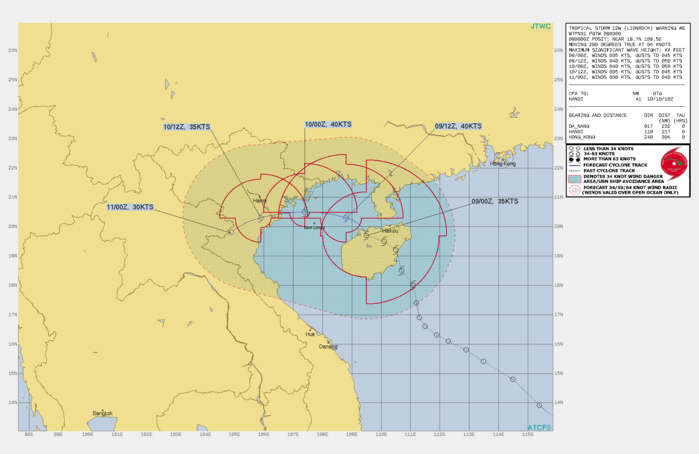 FORECAST REASONING.  SIGNIFICANT FORECAST CHANGES: THERE ARE NO SIGNIFICANT CHANGES TO THE FORECAST FROM THE PREVIOUS WARNING.  FORECAST DISCUSSION: TS 22W CONTINUES TO TRACK SLOWLY WEST-NORTHWESTWARD OVER HAINAN, EXITING WITHIN THE NEXT FEW HOURS INTO THE GULF OF TONKIN. OVER THE NEXT 12 HOURS, LIONROCK WILL MOVE BACK OVER THE WARM WATERS AND THE UPPER LEVEL OUTFLOW WILL ENHANCE THE INTENSITY GRADUALLY TO 40 KNOTS. TS 22W IS EXPECTED TO CONTINUE MOVING ON A WEST-NORTHWESTWARD TRACK AND THEN TURN SLIGHTLY MORE TO THE WEST-SOUTHWEST JUST BEFORE MAKING LANDFALL JUST SOUTHEAST OF HANOI, VIETNAM. ONCE THE SYSTEM MAKES LANDFALL IT WILL RAPIDLY DECREASE INTENSITY AS IT INTERACTS WITH THE RUGGED TERRAIN AND BEGIN THE DISSIPATION PROCESS STARTING AT 36H AND DISSIPATE NEAR THE FAR WESTERN BORDER OF VIETNAM AND LAOS BY 48H.