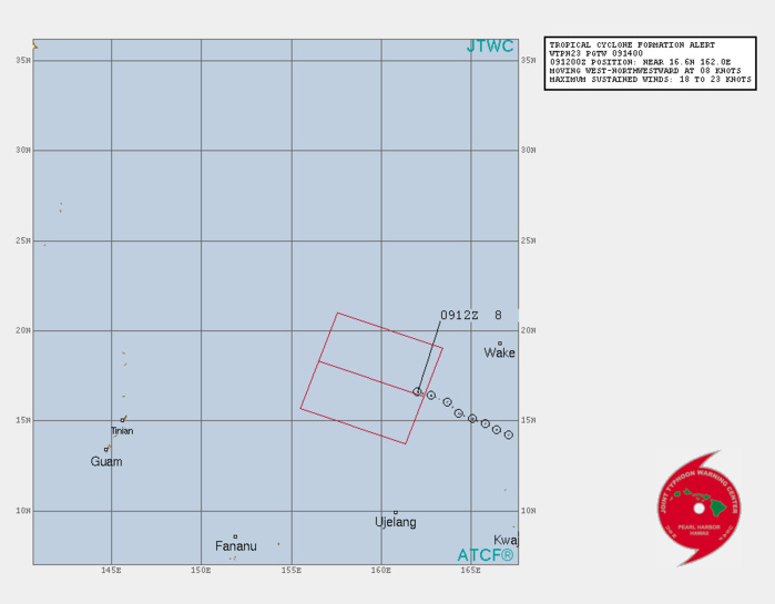 FORMATION OF A SIGNIFICANT TROPICAL CYCLONE IS POSSIBLE WITHIN 145 NM EITHER SIDE OF A LINE FROM 16.5N 162.4E TO 18.3N 156.6E WITHIN THE NEXT 12 TO 24 HOURS. AVAILABLE DATA DOES NOT JUSTIFY ISSUANCE OF NUMBERED TROPICAL CYCLONE WARNINGS AT THIS TIME. WINDS IN THE AREA ARE ESTIMATED TO BE 18 TO 23 KNOTS. METSAT IMAGERY AT 091200Z INDICATES THAT A CIRCULATION CENTER IS LOCATED NEAR 16.6N 162.0E. THE SYSTEM IS MOVING WEST-NORTHWESTWARD AT 08 KNOTS. 2. REMARKS: THE AREA OF CONVECTION (INVEST 95W) PREVIOUSLY LOCATED  NEAR 16.5N 164.3E IS NOW LOCATED NEAR 16.6N 162.0E, APPROXIMATELY  575KM WEST-NORTHWEST OF WAKE ISLAND.  ANIMATED ENHANCED INFRARED  SATELLITE IMAGERY DEPICTS EXTENSIVE FLARING CONVECTION OBSCURING A  LOW LEVEL CIRCULATION. A 090824Z PARTIAL ASCAT-A PASS SHOWS 15-20 KT  WIND BARBS AROUND A LOW LEVEL CIRCULATION WITH GREATER THAN 20 KT  WIND BARBS IN THE NORTHERN AND EASTERN PERIPHERY ASSOCIATED WITH  GRADIENT FLOW AND CONVECTION, RESPECTIVELY. ENVIRONMENTAL ANALYSIS  INDICATES FAVORABLE CONDITIONS FOR DEVELOPMENT WITH ROBUST  EQUATORWARD AND POLEWARD OUTFLOW, LOW (10-15KT) VERTICAL WIND SHEAR,  AND WARM SEA SURFACE TEMPERATURES (29-30C). GLOBAL MODELS ARE IN  GOOD AGREEMENT THAT 95W WILL TRACK WEST-NORTHWESTWARD AS IT  INTENSIFIES BEFORE RECURVING TO THE NORTH-NORTHEAST. MAXIMUM  SUSTAINED SURFACE WINDS ARE ESTIMATED AT 18 TO 23 KNOTS. MINIMUM SEA  LEVEL PRESSURE IS ESTIMATED TO BE NEAR 1005 MB. THE POTENTIAL FOR  THE DEVELOPMENT OF A SIGNIFICANT TROPICAL CYCLONE WITHIN THE NEXT 24  HOURS IS HIGH.