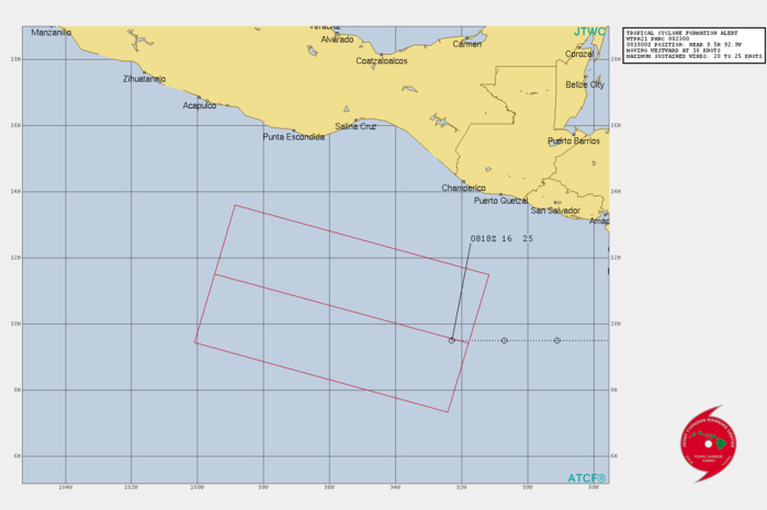 FORMATION OF A SIGNIFICANT TROPICAL CYCLONE IS POSSIBLE WITHIN 240 KM EITHER SIDE OF A LINE FROM 9.4N 91.8W TO 11.5N 99.5W WITHIN THE NEXT 12 TO 24 HOURS. AVAILABLE DATA DOES NOT JUSTIFY ISSUANCE OF NUMBERED TROPICAL CYCLONE WARNINGS AT THIS TIME. WINDS IN THE AREA ARE ESTIMATED TO BE 20 TO 25 KNOTS. METSAT IMAGERY AT 081800Z INDICATES THAT A CIRCULATION CENTER IS LOCATED NEAR 9.5N 92.3W. THE SYSTEM IS MOVING WESTWARD AT 16 KNOTS. 2. REMARKS: MAXIMUM SUSTAINED SURFACE WINDS ARE ESTIMATED AT 20 TO 25 KNOTS. MINIMUM SEA LEVEL PRESSURE IS ESTIMATED TO BE NEAR 1004 MB. THE POTENTIAL FOR THE DEVELOPMENT OF A SIGNIFICANT TROPICAL CYCLONE WITHIN THE NEXT 24 HOURS IS HIGH.