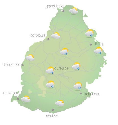 Bulletin prévision - Maurice  COMMUNIQUÉ DE LA MÉTÉO POUR MAURICE ÉMIS À 04H30 CE DIMANCHE 10 OCTOBRE 2021.     SITUATION GÉNÉRALE:  Des nuages dans les alizés de l'anticyclone qui évolue au Sud-Sud-Est des Mascareignes, influencent le temps sur notre région. Par ailleurs, une ligne d'instabilité s'approche graduellement de l'île par l'Est et influencera le temps durant la nuit.  PRÉVISIONS POUR LES PROCHAINES 24 HEURES: Périodes nuageuses ce matin et au cours de la journée avec des averses passagères sur la partie Est de l'île, au Sud et sur les terrains élevés. Mi-couvert au Nord-Ouest et à l'Ouest.  La température maximale sera de 23 à 25 degrés Celsius sur le plateau central et de 27 à 29 degrés Celsius sur le littoral.  Nuageux ce soir avec des averses sur l'ensemble de l'île. Les averses seront plus fréquentes sur la partie Est de l'île et sur les hauteurs et pourraient être temporairement d'intensité modérée. Des poches de brouillards sont prévues dans certaines régions. La température minimale variera entre 16 et 18 degrés Celsius sur les hauteurs et entre 20 et 23 degrés Celsius sur les régions côtières.   Le vent soufflera de l'Est-Sud-Est à environ 25 km/h avec des pointes de 55 km/h aux endroits exposés.   Mer agitée au-delà des récifs avec des vagues de l'ordre de 2 mètres.     Marées Hautes : 14h32 et demain 03h58. Marées Basses : 08h46 et 21h40.     Lever du soleil       : 05h43.  Coucher du soleil : 18h10.     La pression atmosphérique à 04h00 : 1020 hectoPascals.