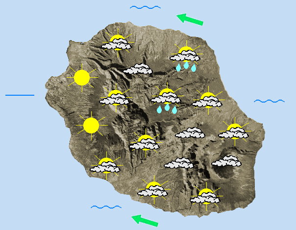 JOURNEE DU DIMANCHE 10  Alizé d'Est modéré.    Un début de journée assez nuageux dans l'Est avec quelques averses qui s'attardent en matinée du coté de la route des laves. Partout ailleurs, le soleil s'impose rapidement et le beau temps est bien présent. L'après midi, des nuages se développent le long des pentes et de rares averses se produisent à l'intérieur des terres, sans grande conséquence. Les cirques et une bonne partie de la frange littorale bénéficient de belles éclaircies. Une nouvelle aggravation pluvieuse est attendue sur la moitié Est de l'ile la nuit prochaine. Les températures maximales atteignent 25 à 27°C sur le littoral, 22 dans les cirques et 14 au volcan et au Maïdo. L'alizé reste soutenu avec des pointes à 60/70 km/h vers Saint Joseph, 50/60 km/h vers Sainte-Marie et proches de 50 km/h du coté de la plaine des Cafres. La mer est agitée à temporairement forte au sud en journée. La houle d'alizé approche les 2 mètres.