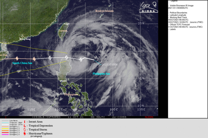 SATELLITE ANALYSIS, INITIAL POSITION AND INTENSITY DISCUSSION: ANIMATED MULTISPECTRAL SATELLITE IMAGERY (MSI) DEPICTS DEEP CONVECTION WRAPPING ON THE WESTERN AND SOUTHERN SIDE OF AN OBSCURED LOW LEVEL CIRCULATION CENTER (LLCC). THE SYSTEM REMAINS IN A LARGE MONSOON DEPRESSION WITH WIDE FORMATIVE RAIN BANDS EXTENDING ALL THE WAY OUT TO THE FAR EASTERN PHILIPPINE SEA. THE INITIAL POSITION IS PLACED WITH MEDIUM CONFIDENCE BASED ON THE MSI LOOP AND A TIMELY 102300Z GMI 89GHZ IMAGE. THE INITIAL INTENSITY OF 45KNOTS IS BASED WITH MEDIUM CONFIDENCE ON MULTIPLE AGENCY FIXES FROM PGTW, RCTP, KNES DVORAK ESTIMATES AND THE OVERALL STRUCTURE OF THE SYSTEM, AND REMAINS HIGHER THAN RJTD DVORAK ESTIMATE AND THE ADVANCED DVORAK TECHNIQUE (ADT). ENVIRONMENTAL ANALYSES INDICATE MARGINALLY FAVORABLE CONDITIONS FOR DEVELOPMENT CHARACTERIZED BY VERY WARM SSTS IN THE PHILIPPINE SEA, AND MODERATE EASTERLY OUTFLOW ALOFT  OFFSET BY MODERATE (15-20KT) VWS. TD 24W IS TRACKING ALONG THE  SOUTHWESTERN PERIPHERY OF THE STR TO THE NORTHEAST.