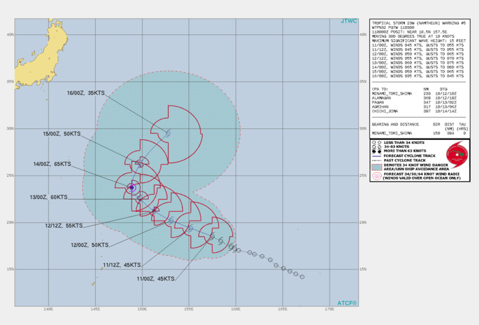 FORECAST REASONING. SIGNIFICANT FORECAST CHANGES: THERE ARE NO SIGNIFICANT CHANGES TO THE FORECAST FROM THE PREVIOUS WARNING. FORECAST DISCUSSION: TS 23W WILL CONTINUE ON A NORTHWEST TRACK TO THE NORTHWEST UP TO 48H. AFTERWARD, A SECONDARY SUBTROPICAL RIDGE(STR) TO THE EAST-SOUTHEAST WILL ASSUME STEERING AND DRIVE THE SYSTEM POLEWARD, CREST THE STR AXIS NEAR 72H, THEN RECURVE IT NORTHEASTWARD. THE FAVORABLE CONDITIONS WILL PROMOTE A STEADY INTENSIFICATION TO A PEAK OF 65KNOTS/CAT 1 BY 72H JUST AT THE RIDGE AXIS. AFTERWARD, INCREASING VWS AND COOLING SSTS WILL GRADUALLY DECAY THE SYSTEM DOWN TO 50KNOTS BY 96H. THEREAFTER, NAMTHEUN IS EXPECTED TO BEGIN EXTRATROPICAL TRANSITION BY 120H AS IT CONTINUES TRACKING TO THE NORTHEAST. FORECAST REASONING. SIGNIFICANT FORECAST CHANGES: THERE ARE NO SIGNIFICANT CHANGES TO THE FORECAST FROM THE PREVIOUS WARNING. FORECAST DISCUSSION: TS 23W WILL CONTINUE ON A NORTHWEST TRACK TO THE NORTHWEST UP TO 48H. AFTERWARD, A SECONDARY SUBTROPICAL RIDGE(STR) TO THE EAST-SOUTHEAST WILL ASSUME STEERING AND DRIVE THE SYSTEM POLEWARD, CREST THE STR AXIS NEAR 72H, THEN RECURVE IT NORTHEASTWARD. THE FAVORABLE CONDITIONS WILL PROMOTE A STEADY INTENSIFICATION TO A PEAK OF 65KNOTS/CAT 1 BY 72H JUST AT THE RIDGE AXIS. AFTERWARD, INCREASING VWS AND COOLING SSTS WILL GRADUALLY DECAY THE SYSTEM DOWN TO 50KNOTS BY 96H. THEREAFTER, NAMTHEUN IS EXPECTED TO BEGIN EXTRATROPICAL TRANSITION BY 120H AS IT CONTINUES TRACKING TO THE NORTHEAST.