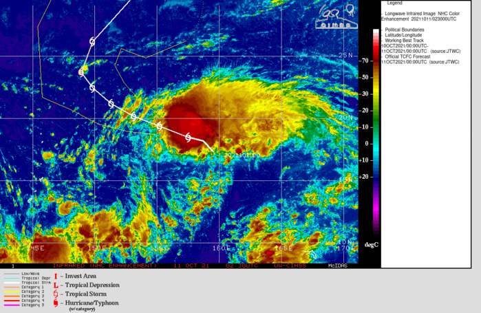 SATELLITE ANALYSIS, INITIAL POSITION AND INTENSITY DISCUSSION: ANIMATED MULTISPECTRAL SATELLITE IMAGERY (MSI) DEPICTS ENHANCED AND DEEPENED CENTRAL CONVECTION WITH A PARTIALLY-EXPOSED LOW LEVEL CIRCULATION (LLC). THE INITIAL POSITION AND INTENSITY OF 45KNOTS ARE PLACED WITH HIGH CONFIDENCE BASED ON MULTIPLE AGENCY DVORAK FIXES AND A TIMELY 102331Z ASCAT-B BULLSEYE PASS. ENVIRONMENTAL ANALYSIS INDICATES MARGINALLY FAVORABLE CONDITIONS FOR DEVELOPMENT WITH MODERATE POLEWARD OUTFLOW, MODERATE TO HIGH VWS, AND WARM SSTS. TS 23W IS TRACKING ALONG THE SOUTHERN PERIPHERY OF AN EASTERN EXTENSION OF THE MID-LAYER OF THE STR TO THE NORTHWEST. SATELLITE ANALYSIS, INITIAL POSITION AND INTENSITY DISCUSSION: ANIMATED MULTISPECTRAL SATELLITE IMAGERY (MSI) DEPICTS ENHANCED AND DEEPENED CENTRAL CONVECTION WITH A PARTIALLY-EXPOSED LOW LEVEL CIRCULATION (LLC). THE INITIAL POSITION AND INTENSITY OF 45KNOTS ARE PLACED WITH HIGH CONFIDENCE BASED ON MULTIPLE AGENCY DVORAK FIXES AND A TIMELY 102331Z ASCAT-B BULLSEYE PASS. ENVIRONMENTAL ANALYSIS INDICATES MARGINALLY FAVORABLE CONDITIONS FOR DEVELOPMENT WITH MODERATE POLEWARD OUTFLOW, MODERATE TO HIGH VWS, AND WARM SSTS. TS 23W IS TRACKING ALONG THE SOUTHERN PERIPHERY OF AN EASTERN EXTENSION OF THE MID-LAYER OF THE STR TO THE NORTHWEST.