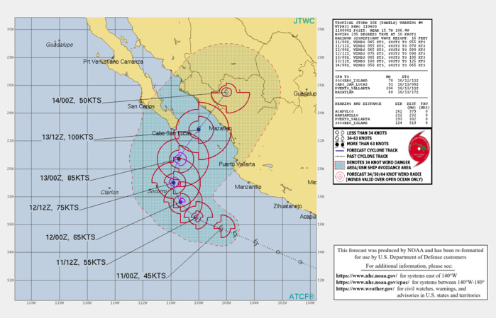 CURRENT INTENSITY IS 45KNOTS AND IS FORECAST TO INCREASE RAPIDLY AND PEAK AT 100KNOTS/CAT 3 BY 13/12UTC.