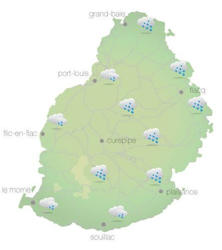 Bulletin prévision - Maurice COMMUNIQUÉ DE LA MÉTÉO POUR MAURICE ÉMIS À 04H30 CE LUNDI 11 OCTOBRE 2021. SITUATION GÉNÉRALE: Des nuages associés à la ligne d'instabilité venant de l'Est continuent à influencer le temps local. PRÉVISIONS POUR LES PROCHAINES 24 HEURES: Nuageux ce matin avec des averses, plus fréquentes sur la partie Est de l'île et sur les hauteurs. Les averses pourraient être d'intensité modérée par moments. Le temps s'améliorera graduellement au cours de la journée. Des poches de brouillard sont aussi attendues dans certaines régions. La température maximale sera de 22 à 24 degrés Celsius sur le plateau central et de 27 à 30 degrés Celsius sur le littoral. Mi-couvert cette nuit avec quelques averses sur les hauteurs. La température minimale variera entre 17 et 19 degrés Celsius sur les hauteurs et entre 20 et 23 degrés Celsius sur les régions côtières. Le vent soufflera du secteur Est à environ 20 km/h. Mer agitée au-delà des récifs avec des vagues de l'ordre de 2 mètres. Marées Hautes : 14h55 et demain 05h35. Marées Basses : 09h22 et 22h46. Lever du soleil : 05h42 Coucher du soleil : 18h11. La pression atmosphérique à 04h00 : 1017 hectoPascals. Bulletin prévision - Maurice COMMUNIQUÉ DE LA MÉTÉO POUR MAURICE ÉMIS À 04H30 CE LUNDI 11 OCTOBRE 2021. SITUATION GÉNÉRALE: Des nuages associés à la ligne d'instabilité venant de l'Est continuent à influencer le temps local. PRÉVISIONS POUR LES PROCHAINES 24 HEURES: Nuageux ce matin avec des averses, plus fréquentes sur la partie Est de l'île et sur les hauteurs. Les averses pourraient être d'intensité modérée par moments. Le temps s'améliorera graduellement au cours de la journée. Des poches de brouillard sont aussi attendues dans certaines régions. La température maximale sera de 22 à 24 degrés Celsius sur le plateau central et de 27 à 30 degrés Celsius sur le littoral. Mi-couvert cette nuit avec quelques averses sur les hauteurs. La température minimale variera entre 17 et 19 degrés Celsius sur les hauteurs et entre 20 et 23 degrés Celsius sur les régions côtières. Le vent soufflera du secteur Est à environ 20 km/h. Mer agitée au-delà des récifs avec des vagues de l'ordre de 2 mètres. Marées Hautes : 14h55 et demain 05h35. Marées Basses : 09h22 et 22h46. Lever du soleil : 05h42 Coucher du soleil : 18h11. La pression atmosphérique à 04h00 : 1017 hectoPascals.