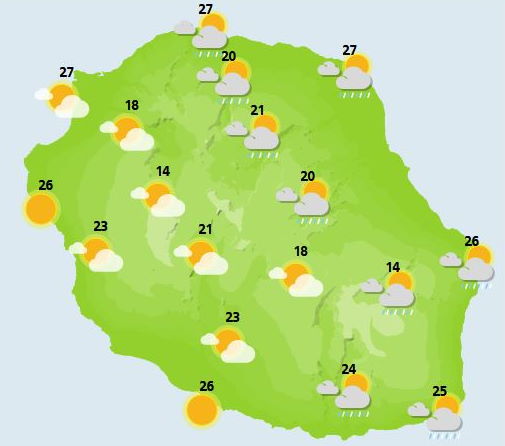 JOURNEE DU LUNDI 11  Alizé d'Est faiblissant et devenant plus humide.    Les pluies de cette nuit présentes sur le littoral Est allant de Saint-Benoit à Saint-Philippe s'estompent progressivement. Ailleurs les éclaircies sont plus fréquentes sur le reste du littoral en direction de l'Ouest ce matin et la sensation de beau temps domine. Dans l'intérieur, les nuages présents se densifient lentement avec la montée du mercure. Dès la mi-journée, la couverture nuageuse s'empare de l'intérieur de l'ile dans son ensemble et de rares averses se déclenchent sur les pentes sans localisation précises. Les éclaircies bien que rares également auront probablement une préférence pour Saint-Pierre. Aux heures les plus chaudes de la journée, les températures atteignent 26 à 28°C sur le littoral, 23°C dans les Cirques et 15°C au Volcan ainsi qu'au Maïdo. L'alizé s'essouffle sensiblement sur les côtes exposées du Nord et le long du sud sauvage et les brises s'installent dans l'Ouest. La mer est peu agitée à agitée. La houle d'alizé s'amortit vers 1 mètre 50.