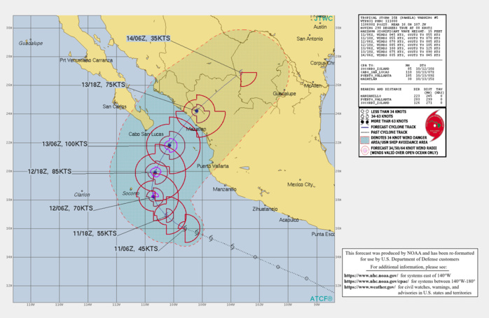 CURRENT INTENSITY IS 45KNOTS AND IS FORECAST TO PEAK AT 100KNOTS/CAT 3 BY 13/06UTC. CURRENT INTENSITY IS 45KNOTS AND IS FORECAST TO PEAK AT 100KNOTS/CAT 3 BY 13/06UTC.