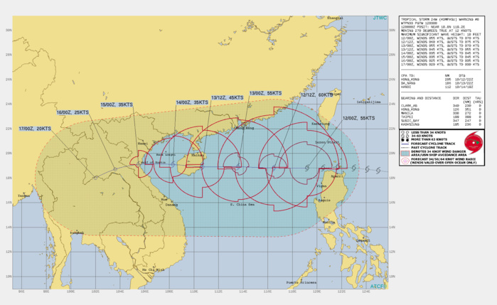 FORECAST REASONING. SIGNIFICANT FORECAST CHANGES: THERE ARE NO SIGNIFICANT CHANGES TO THE FORECAST FROM THE PREVIOUS WARNING. FORECAST DISCUSSION: TROPICAL STORM KOMPASU IS FORECAST TO CONTINUE TRACKING NEARLY DUE WEST THROUGH THE FORECAST PERIOD, ALONG THE SOUTHERN PERIPHERY OF THE DEEP SUBTROPICAL RIDGE(STR) LYING OVER CENTRAL CHINA. THE SYSTEM IS EXPECTED TO MAKE ITS FIRST LANDFALL ALONG THE COAST OF CENTRAL HAINAN ISLAND NEAR 36H, EMERGE INTO THE GULF OF TONKIN BY 48H, THEN MAKE A SECOND LANDFALL ALONG THE COAST OF NORTH VIETNAM NEAR 72H. THE GENERAL ENVIRONMENT IS EXPECTED TO REMAIN MARGINALLY FAVORABLE FOR ANOTHER 12 TO 18 HOURS, WITH SHEAR VALUES REMAINING AT OR BELOW CURRENT LEVELS. IN RESPONSE, TS 24W IS FORECAST TO INTENSIFY TO 60 KNOTS BY 12H. AFTER 12H, THE SYSTEM WILL WEAKEN STEADILY UNDER INCREASING VWS. AFTER CROSSING HAINAN, THE SYSTEM IS EXPECTED TO EMERGE INTO THE GULF OF TONKIN AS A WEAK TROPICAL STORM, AND THE COMBINATION OF WEAK OUTFLOW AND MODERATE LEVELS OF VWS WILL PRECLUDE ADDITIONAL INTENSIFICATION BEFORE THE SECOND LANDFALL. ONCE ASHORE, FRICTIONAL EFFECTS WITH THE RUGGED TERRAIN OF VIETNAM WILL RAPIDLY ERODE THE CIRCULATION, LEADING TO DISSIPATION OVER NORTHERN LAOS NO LATER THAN 120H. FORECAST REASONING. SIGNIFICANT FORECAST CHANGES: THERE ARE NO SIGNIFICANT CHANGES TO THE FORECAST FROM THE PREVIOUS WARNING. FORECAST DISCUSSION: TROPICAL STORM KOMPASU IS FORECAST TO CONTINUE TRACKING NEARLY DUE WEST THROUGH THE FORECAST PERIOD, ALONG THE SOUTHERN PERIPHERY OF THE DEEP SUBTROPICAL RIDGE(STR) LYING OVER CENTRAL CHINA. THE SYSTEM IS EXPECTED TO MAKE ITS FIRST LANDFALL ALONG THE COAST OF CENTRAL HAINAN ISLAND NEAR 36H, EMERGE INTO THE GULF OF TONKIN BY 48H, THEN MAKE A SECOND LANDFALL ALONG THE COAST OF NORTH VIETNAM NEAR 72H. THE GENERAL ENVIRONMENT IS EXPECTED TO REMAIN MARGINALLY FAVORABLE FOR ANOTHER 12 TO 18 HOURS, WITH SHEAR VALUES REMAINING AT OR BELOW CURRENT LEVELS. IN RESPONSE, TS 24W IS FORECAST TO INTENSIFY TO 60 KNOTS BY 12H. AFTER 12H, THE SYSTEM WILL WEAKEN STEADILY UNDER INCREASING VWS. AFTER CROSSING HAINAN, THE SYSTEM IS EXPECTED TO EMERGE INTO THE GULF OF TONKIN AS A WEAK TROPICAL STORM, AND THE COMBINATION OF WEAK OUTFLOW AND MODERATE LEVELS OF VWS WILL PRECLUDE ADDITIONAL INTENSIFICATION BEFORE THE SECOND LANDFALL. ONCE ASHORE, FRICTIONAL EFFECTS WITH THE RUGGED TERRAIN OF VIETNAM WILL RAPIDLY ERODE THE CIRCULATION, LEADING TO DISSIPATION OVER NORTHERN LAOS NO LATER THAN 120H.