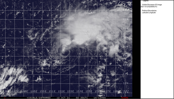 SATELLITE ANALYSIS, INITIAL POSITION AND INTENSITY DISCUSSION: ANIMATED MULTISPECTRAL SATELLITE IMAGERY (MSI) DEPICTS A COMPACT, WELL-DEFINED, FULLY EXPOSED LOW LEVEL CIRCULATION CENTER (LLCC) WITH FLARING DEEP CONVECTION SHEARED TO THE NORTH AND NORTHEAST OF THE LLCC. WHILE THE LLCC HAD BEEN TUCKED UNDER THE CONVECTION EARLIER IN THE DAY, IT HAS BEEN UNABLE TO OVERCOME THE PERSISTENT SOUTHERLY SHEAR. THE INITIAL POSITION IS ASSESSED WITH HIGH CONFIDENCE BASED ON THE EXPOSED LLCC, AMONGST THE TIGHT GROUPING OF AGENCY FIXES. THE INITIAL INTENSITY OF 45 KNOTS IS ASSESSED WITH MEDIUM CONFIDENCE, ON THE HIGHER END OF THE AGENCY INTENSITY ESTIMATES, IN LINE WITH THE ADT ESTIMATE. A 112330Z ASCAT-B BULLSEYE PASS INDICATED A MODEST AREA OF 40-45 KNOT WINDS CONFINED TO THE NORTHEAST QUADRANT. AS DISCUSSED, THE SYSTEM CONTINUES TO STRUGGLE AGAINST MODERATE TO STRONG SOUTHERLY WIND SHEAR, FLOWING NORTHWARD IN A TIGHT GRADIENT BETWEEN AN UPPER-LEVEL ANTICYCLONE TO THE EAST AND A NORTH-SOUTH ORIENTED TUTT-CELL OVER THE MARIANAS. OUTSIDE OF THE SHEAR, THE ENVIRONMENT IS OTHERWISE FAVORABLE WITH WARM SSTS AND ROBUST POLEWARD OUTFLOW, WHICH TURNS EAST SOUTH OF THE 30N LATITUDE.