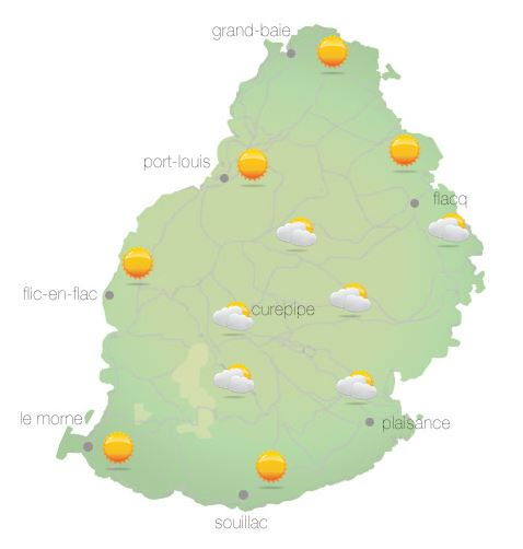 Bulletin prévision - Maurice COMMUNIQUÉ DE LA MÉTÉO POUR MAURICE ÉMIS À 04H30 CE MARDI 12 OCTOBRE 2021. SITUATION GÉNÉRALE: Un courant d'air léger et relativement chaud du Nord Est circule sur notre région. PRÉVISIONS POUR LES PROCHAINES 24 HEURES: Il fera essentiellement beau ce matin et au cours de la journée. Toutefois le ciel deviendra temporairement nuageux dans l'après-midi sur la partie Sud Ouest avec quelques ondées localisées. La température maximale sera supérieure à la moyenne par environ 2 degrés Celsius et variant entre 24 et 26 degrés Celsius sur le plateau central et de 28 à 31 degrés Celsius les régions côtières. Il fera essentiellement beau durant la nuit. La température minimale variera entre 16 et 18 degrés Celsius sur les hauteurs et entre 20 et 22 degrés Celsius sur le littoral. Vent léger et variable ce matin, et soufflera du Nord Est d'environ 15 km/h au cours de la journée. Mer agitée au-delà des récifs avec des vagues de l'ordre de 2 mètres. Marées Hautes : 05h35 et 14h52. Marées Basses : 10h20 et demain 00h58. Lever du soleil : 05h41. Coucher du soleil : 18h11. La pression atmosphérique à 04h00 : 1017 hectoPascals. Bulletin prévision - Maurice COMMUNIQUÉ DE LA MÉTÉO POUR MAURICE ÉMIS À 04H30 CE MARDI 12 OCTOBRE 2021. SITUATION GÉNÉRALE: Un courant d'air léger et relativement chaud du Nord Est circule sur notre région. PRÉVISIONS POUR LES PROCHAINES 24 HEURES: Il fera essentiellement beau ce matin et au cours de la journée. Toutefois le ciel deviendra temporairement nuageux dans l'après-midi sur la partie Sud Ouest avec quelques ondées localisées. La température maximale sera supérieure à la moyenne par environ 2 degrés Celsius et variant entre 24 et 26 degrés Celsius sur le plateau central et de 28 à 31 degrés Celsius les régions côtières. Il fera essentiellement beau durant la nuit. La température minimale variera entre 16 et 18 degrés Celsius sur les hauteurs et entre 20 et 22 degrés Celsius sur le littoral. Vent léger et variable ce matin, et soufflera du Nord Est d'environ 15 km/h au cours de la journée. Mer agitée au-delà des récifs avec des vagues de l'ordre de 2 mètres. Marées Hautes : 05h35 et 14h52. Marées Basses : 10h20 et demain 00h58. Lever du soleil : 05h41. Coucher du soleil : 18h11. La pression atmosphérique à 04h00 : 1017 hectoPascals.