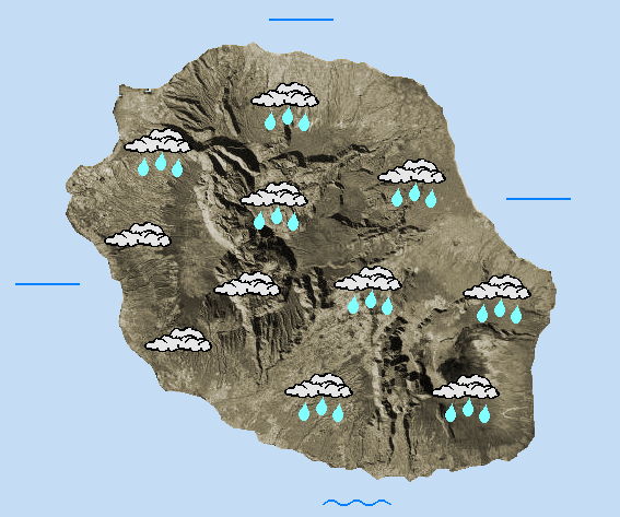 JOURNEE DU MARDI 12  Alizé de Nord-Est chaud et humide.  Un temps chaud et humide s'est généralisé cette nuit sur la Réunion avec de bonnes averses sur une vaste moitié Est. Ce temps maussade devrait perdurer en matinée en épargnant toutefois la région de Saint Pierre. Cet après midi, un temps pluvieux se généralise dans l'intérieur tandis que la façade Est retrouve un temps plus sec. Les éclaircies, très  rares en journée se feront plus présentes en fin d'après midi et soirée. Aux heures les plus chaudes de la journée, les températures atteignent 25 à 27°C sur le littoral, 21°C dans les Cirques et 15°C au Volcan et au Maïdo. Un petit vent de Nord souffle le long des plages de l'ouest et vers la route des laves, partout ailleurs, les brises dominent. La mer est peu agitée à agitée. La houle d'alizé s'amortit.