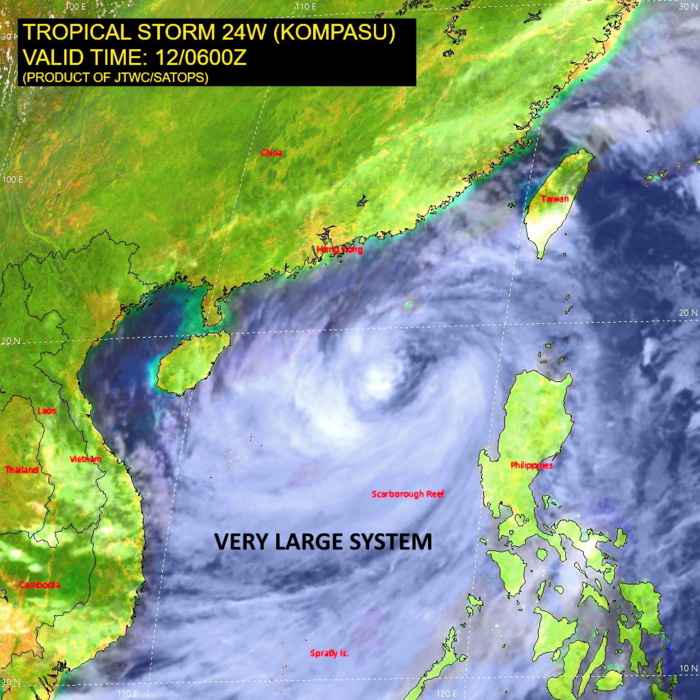 SATELLITE ANALYSIS, INITIAL POSITION AND INTENSITY DISCUSSION: ANIMATED MULTISPECTRAL SATELLITE IMAGERY DEPICTS A VERY LARGE (GREATER THAN 10 DEGREE DIAMETER) SYSTEM WITH EXTENSIVE DEEP CONVECTIVE BANDING WRAPPING INTO A LARGE RAGGED CENTER (APPROXIMATELY 200KM DIAMETER). DUE TO THE VERY LARGE NATURE OF THIS SYSTEM, GALE-FORCE WINDS EXTEND OUT ALONG THE PERIPHERY NEAR TAIWAN AND SOUTHWEST OF LUZON. A 120600Z AMSR2 89GHZ MICROWAVE IMAGE INDICATES FRAGMENTED CONVECTIVE BANDS WRAPPING AROUND THE WESTERN SEMICIRCLE OF THE LARGE LOW-LEVEL CIRCULATION CENTER, WHICH SUPPORTS THE INITIAL POSITION WITH MEDIUM CONFIDENCE. THE INITIAL INTENSITY OF 55 KNOTS IS ASSESSED WITH MEDIUM CONFIDENCE BASED ON THE AGENCY DVORAK ESTIMATES. UPPER-LEVEL ANALYSIS INDICATES A MARGINALLY FAVORABLE ENVIRONMENT WITH LOW TO MODERATE VERTICAL WIND SHEAR (VWS) OFFSET BY STRONG EQUATORWARD OUTFLOW. SATELLITE ANALYSIS, INITIAL POSITION AND INTENSITY DISCUSSION: ANIMATED MULTISPECTRAL SATELLITE IMAGERY DEPICTS A VERY LARGE (GREATER THAN 10 DEGREE DIAMETER) SYSTEM WITH EXTENSIVE DEEP CONVECTIVE BANDING WRAPPING INTO A LARGE RAGGED CENTER (APPROXIMATELY 200KM DIAMETER). DUE TO THE VERY LARGE NATURE OF THIS SYSTEM, GALE-FORCE WINDS EXTEND OUT ALONG THE PERIPHERY NEAR TAIWAN AND SOUTHWEST OF LUZON. A 120600Z AMSR2 89GHZ MICROWAVE IMAGE INDICATES FRAGMENTED CONVECTIVE BANDS WRAPPING AROUND THE WESTERN SEMICIRCLE OF THE LARGE LOW-LEVEL CIRCULATION CENTER, WHICH SUPPORTS THE INITIAL POSITION WITH MEDIUM CONFIDENCE. THE INITIAL INTENSITY OF 55 KNOTS IS ASSESSED WITH MEDIUM CONFIDENCE BASED ON THE AGENCY DVORAK ESTIMATES. UPPER-LEVEL ANALYSIS INDICATES A MARGINALLY FAVORABLE ENVIRONMENT WITH LOW TO MODERATE VERTICAL WIND SHEAR (VWS) OFFSET BY STRONG EQUATORWARD OUTFLOW.