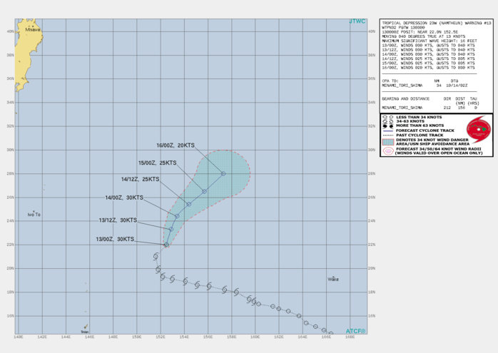 FORECAST REASONING.  SIGNIFICANT FORECAST CHANGES: THERE ARE NO SIGNIFICANT CHANGES TO THE FORECAST FROM THE PREVIOUS WARNING.  FORECAST DISCUSSION: NOW THAT THE SOUTHEASTERN RIDGE HAS ASSUMED THE DOMINANT STEERING ROLE, TD 23W IS FORECAST TO CONTINUE TRACKING NORTHEASTWARD THROUGH THE FORECAST PERIOD. THE SYSTEM, HAVING WEAKENED SIGNIFICANTLY, IS NO LONGER EXPECTED TO BE ABLE TO MUSTER THE STRENGTH TO OVERCOME THE PERSISTENT SHEAR, AND IS FORECAST TO STEADILY BUT SLOWLY WEAKEN THROUGH THE FORECAST PERIOD. BRIEF PERIODS DURING WHICH CONVECTION MAY FLARE UP AND APPEAR OMINOUS CAN BE EXPECTED OVER THE NEXT 24 TO 36 HOURS, ESPECIALLY DURING DIURNAL MAXIMUM, BUT THE SYSTEM IS NOT EXPECTED TO ACTUALLY INTENSIFY AFTER THIS POINT. BY 48H THE SYSTEM WILL BE NEARLY GONE, AND WILL BE FULLY DISSIPATED NO LATER THAN 72H, IF NOT EARLIER. FORECAST REASONING.  SIGNIFICANT FORECAST CHANGES: THERE ARE NO SIGNIFICANT CHANGES TO THE FORECAST FROM THE PREVIOUS WARNING.  FORECAST DISCUSSION: NOW THAT THE SOUTHEASTERN RIDGE HAS ASSUMED THE DOMINANT STEERING ROLE, TD 23W IS FORECAST TO CONTINUE TRACKING NORTHEASTWARD THROUGH THE FORECAST PERIOD. THE SYSTEM, HAVING WEAKENED SIGNIFICANTLY, IS NO LONGER EXPECTED TO BE ABLE TO MUSTER THE STRENGTH TO OVERCOME THE PERSISTENT SHEAR, AND IS FORECAST TO STEADILY BUT SLOWLY WEAKEN THROUGH THE FORECAST PERIOD. BRIEF PERIODS DURING WHICH CONVECTION MAY FLARE UP AND APPEAR OMINOUS CAN BE EXPECTED OVER THE NEXT 24 TO 36 HOURS, ESPECIALLY DURING DIURNAL MAXIMUM, BUT THE SYSTEM IS NOT EXPECTED TO ACTUALLY INTENSIFY AFTER THIS POINT. BY 48H THE SYSTEM WILL BE NEARLY GONE, AND WILL BE FULLY DISSIPATED NO LATER THAN 72H, IF NOT EARLIER.
