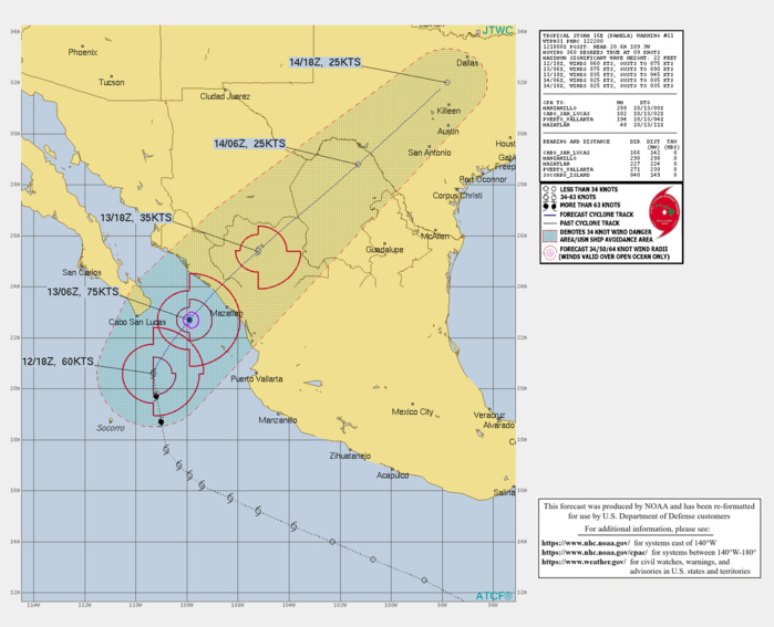 CURRENT INTENSITY IS 60KNOTS AND IS FORECAST TO PEAK AT 70KNOTS/CAT 1 BY 13/12UTC WHILE THE HURRICANE IS FORECAST TO MAKE LANDFALL NORTH OF MAZATLAN/MEXICO.