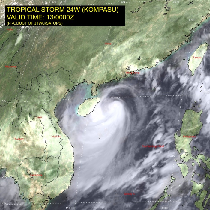 SATELLITE ANALYSIS, INITIAL POSITION AND INTENSITY DISCUSSION: TROPICAL STORM KOMPASU CONTINUES TO FIGHT AGAINST PERSISTENT MODERATE EASTERLY SHEAR. ANIMATED MULTISPECTRAL SATELLITE IMAGERY (MSI) REVEALS THAT THE LARGE AREA OF DEEP CONVECTION THAT WAS EARLIER BLOOMING NEAR THE CENTER HAS WEAKENED AND SHEARED OFF TO THE WEST, LEAVING BEHIND A MUCH SMALLER AREA OF WEAKER CONVECTIVE ACTIVITY NEAR OR JUST WEST OF THE ASSESSED LOW LEVEL CIRCULATION CENTER (LLCC). A 122251Z SSMIS 91GHZ MICROWAVE IMAGE CAUGHT THE BEGINNING OF THE DEVELOPMENT OF THIS AREA OF CORE CONVECTION, SHOWING A STRONG BAND OF HEAVY CONVECTIVE ACTIVITY TO THE SOUTH WRAPPING UP ALONG THE EASTERN SIDE OF THE LLCC, BUT NOT YET COMPLETELY SURROUNDING THE CORE. THE FIRST HINTS OF THE CENTER OF ROTATION ARE STARTING TO BECOME VISIBLE AT FAR RANGE OF CMA RADAR COVERAGE, AND JMA HAS BEEN CONDUCTING RADAR FIXES, WHICH COMBINED WITH THE AGENCY FIX POSITIONS, LENT HIGH CONFIDENCE TO THE INITIAL POSITION. THE INITIAL INTENSITY REMAINS ASSESSED AT 55 KTS WITH HIGH CONFIDENCE, WITH ALL AGENCIES AGREEING ON A T3.5 INTENSITY. THERE HAS BEEN NO SIGNIFICANT CHANGE IN THE ENVIRONMENT OVER THE PAST SIX HOURS, WITH PERSISTENT EASTERLY SHEAR STILL PUSHING BACK AGAINST MODERATE TO STRONG EQUATORWARD OUTFLOW AND VERY WARM SSTS.