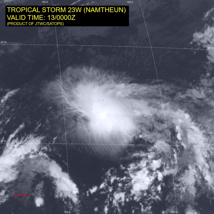 SATELLITE ANALYSIS, INITIAL POSITION AND INTENSITY DISCUSSION: WHILE TD 23W HAS STRUGGLED MIGHTILY AGAINST STRONG AND PERSISTENT SOUTHERLY SHEAR, IT APPEARS TO HAVE LOST THE BATTLE AND BEGUN THE SLOW DECLINE TO ITS ULTIMATE DEMISE. ANIMATED MULTISPECTRAL SATELLITE IMAGERY (MSI) REVEALS A SMALL AREA OF FLARING CONVECTION SHEARED TO THE NORTHEAST OF AN ELONGATED LOW LEVEL CIRCULATION CENTER (LLCC), THE WESTERN BANDS OF WHICH ARE EVIDENT IN THE CLEAR REGION WEST OF THE CIRRUS SHIELD. A 122132Z ASCAT-A PASS SHOWED THE LLCC BEGINNING TO STRETCH OUT ALONG A SOUTHWEST-NORTHEAST AXIS, AND EXTRAPOLATION OF THIS DATA, COMBINED WITH THE PARTIALLY EXPOSED LLCC IN THE VISIBLE IMAGERY, LENT HIGH CONFIDENCE TO THE INITIAL POSITION. THE AGENCY CURRENT INTENSITY ESTIMATES RANGED FROM 2.0 TO 2.5, WHICH ALIGNS CLOSELY WITH THE ADT ESTIMATE COMING IN RIGHT AT THE AVERAGE AT 32 KNOTS. THE PREVIOUSLY MENTIONED ASCAT CONFIRMED THE 30 KNOT INITIAL INTENSITY ESTIMATE, SHOWING A PATCH OF 30 KNOT WIND BARBS CONSTRAINED TO THE NORTHEAST SECTOR, UNDER THE FLARING CONVECTION. INTERESTINGLY, CIMSS SHEAR ANALYSIS INDICATES THE OVERALL SHEAR ENVIRONMENT HAS IMPROVED, WITH THE MEAN SHEAR MAGNITUDE NOW ESTIMATED AT 19 KNOTS. HOWEVER, LIKELY THIS IS TOO LOW, BASED ON THE SATELLITE DEPICTION. THE UPPER-LEVEL OUTFLOW HAS ALSO WEAKENED, RESULTING IN AN INCREASINGLY UNFAVORABLE ENVIRONMENT.