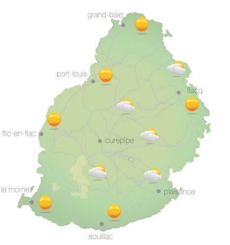 Bulletin prévision - Maurice  COMMUNIQUÉ DE LA MÉTÉO POUR MAURICE ÉMIS À 04H30 CE MERCREDI 13 OCTOBRE 2021.   SITUATION GÉNÉRALE:  Des nuages associés à une faible ligne d'instabilité venant de l'Est influenceront le temps local cet après-midi.   PRÉVISIONS POUR LES PROCHAINES 24 HEURES:  Beau temps ce matin.  Périodes nuageuses dans l'après-midi avec des averses sur la partie Est de l'île et sur le Plateau Central. Les averses déborderont à l'Ouest en fin d'après-midi.     La température maximale variera entre 24 et 26 degrés Celsius sur le plateau central et entre 28 et 30 degrés Celsius les régions côtières.     Beau temps durant la nuit.     La température minimale variera entre 16 et 18 degrés Celsius sur les hauteurs et entre 20 et 22 degrés Celsius sur le littoral.     Le vent soufflera de l'Est à 15 km/h.     Mer peu agitée avec des vagues de 1 mètre 50 au-délà des récifs.   Marées Hautes : 10h22 et demain 10h54. Marées Basses : Demain 03h21 et 17h13   Lever du soleil     : 05h40.  Coucher du soleil : 18h12.   La pression atmosphérique à 04h00 : 1017 hectoPascals.