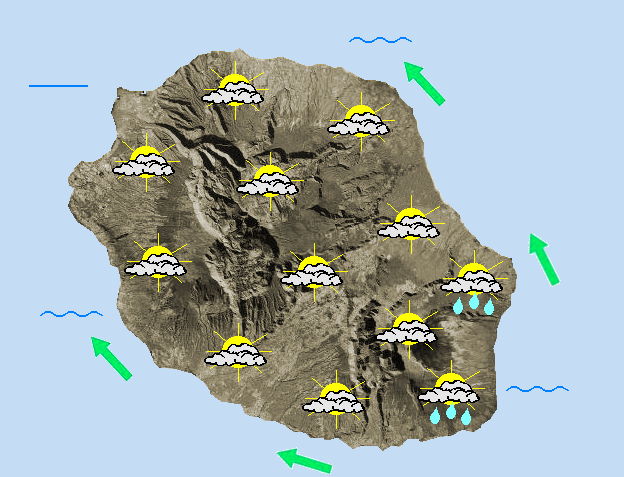 JOURNEE DU MERCREDI 13  L'alizé reste peu véloce dans une masse d'air devenant progressivement moins humide.  Le ciel est nuageux sur l'ensemble de l'île en ce début de journée avec encore quelques petites averses possibles sur la frange littorale Est qui peuvent atteindre le flanc Est du volcan, les hauts de Sainte-Rose et les hauts de l'Est en matinée. Ailleurs, le temps reste sec. Quelques éclaircies auront même la volonté de percer mais c'est tout de même un temps gris qui prédomine dans l'intérieur du département en journée. Dès la mi-journée, des averses se déclenchent sur le relief, notamment dans les hauteurs de Saint-Leu en remontant vers celles de la Possession mais également sur les contreforts Sud du volcan. Les températures restent douces, atteignent 24 à 28°C sur le littoral, 21 à 23°C dans les cirques et 15 à 17°C au Maïdo ou au Pas de Bellecombe-Jacob. Les brises sont majoritaires en journée mais un léger vent de Nord-Est peut temporairement souffler en baie de la Possession ainsi qu'au voisinage de Saint-Philippe. La mer est agitée sur l'Ouest et le Sud en raison de la présence d'une houle australe qui s'amplifie en journée et flirte avec les 2 mètres 50 cet après-midi et en cours de nuit prochaine.