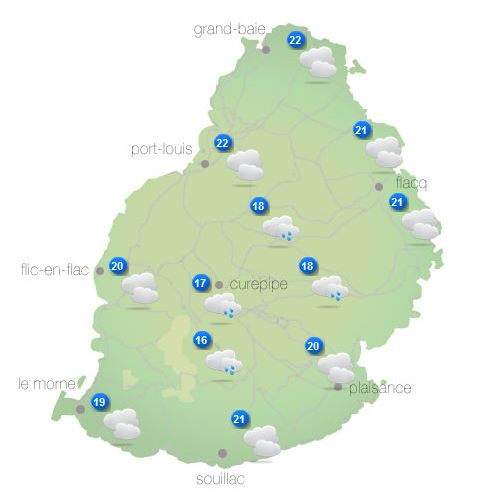 Bulletin prévision - Maurice  COMMUNIQUÉ DE LA MÉTÉO POUR MAURICE ÉMIS À 16H30 CE MERCREDI 13 OCTOBRE 2021.   SITUATION GÉNÉRALE:   Des nuages associés à la ligne d'instabilité qui influencent le temps local s'éloignent lentement vers l'Ouest.      PRÉVISIONS POUR LES PROCHAINES 24 HEURES:   Mi-couvert durant la première partie de la nuit devenant parfois nuageux sur les hauteurs avec quelques ondées. Il fera essentiellement beau par la suite.  La température minimale variera entre 16 et 18 degrés Celsius sur les hauteurs et entre 20 et 22 degrés Celsius sur le littoral.  Ensoleillé demain.  La température maximale variera entre 23 et 26 degrés Celsius sur le plateau central et entre 28 et 30 degrés Celsius les régions côtières.  Vent du secteur Est à environ 15 km/h, devenant léger et variable la nuit.   Mer agitée avec des houles du Sud-Ouest de l'ordre de 2 mètres au-délà des récifs.     Marées Hautes :  Demain 10h54 et 22h07.  Marées Basses : Demain 03h21 et 17h13.     Lever du soleil (Demain) : 05h40.  Coucher du soleil (Demain) : 18h12.     La pression atmosphérique à 16h00 : 1018 hectoPascals.