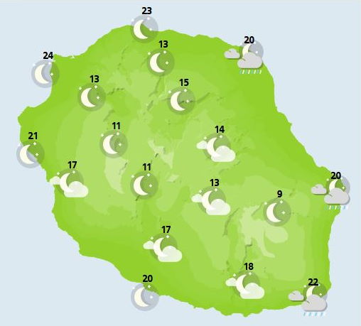 Situation générale le MERCREDI 13  L'alizé reprend de la vigueur en journée dans une masse d'air poursuivant son assèchement.  NUIT DU MERCREDI 13 au JEUDI 14  Les nuages de la journée ont tendance à se déchirer aux premières heures de la nuit sur presque la totalité du département hormis sur la façade Est où les habituelles entrées maritimes restent d'actualité, notamment de Sainte-Suzanne à la route des laves en passant par les hauts de Sainte-Rose. Quelques petites précipitations peuvent même les accompagner. Partout ailleurs, le temps est sec et clair à peu nuageux. Les brises prédominent, un petit vent de Nord-Est persiste cependant au voisinage de Saint-Philippe. La mer est agitée à forte dans le Sud avec toujours la présence de la houle de Sud-Sud-Ouest qui avoisine les 2 mètres 50.     JEUDI 14  Au lever du jour, mis à part quelques nuages sur la frange littorale Est pouvant encore donner quelques farines sans prétention, le soleil est bien présent partout ailleurs. En cours de matinée, les habituels nuages de pente prennent progressivement possession des lieux, laissant néanmoins les cirques et le volcan dans de belles éclaircies jusqu'en fin de matinée. L'après-midi, les nuages s'étalent vers le littoral Ouest et des averses, parfois modérées, se déclenchent sous le vent, des hauts de Saint-Leu en remontant vers ceux de la Possession avant d'arroser la route en corniche avant la fin d'après-midi. Les littoraux du Nord et du Sud restent bien ensoleillés en journée. Les températures restent douces, atteignent 24 à 28°C sur le littoral, 21 à 24°C dans les cirques et 16 à 18°C au Maïdo ou au Pas de Bellecombe-Jacob. Les brises sont en place en début de matinée puis un alizé modéré d'Est se lève et souffle sur les côtes Nord et Sud avec des rafales entre 40 et 50 km/h attendues l'après-midi de l'Etang-Salé à Saint-Philippe. La mer est agitée à forte sur l'Ouest et le Sud de l'île en raison d'une houle australe qui s'amortit en journée mais qui reste comprise entre 2 mètres et 2 mètres 50 jusqu'en fin d'après-midi. Elle repasse sous le seuil des 2 mètres en soirée et nuit suivante.