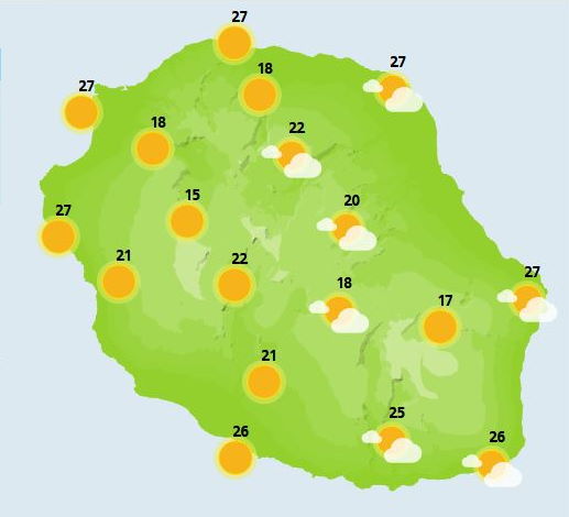 ILES SOEURS: Prévisions du temps pour demain Jeudi 14 Octobre 2021 à MAURICE et à la RÉUNION