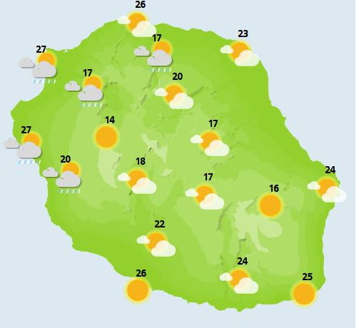 ILES SOEURS: Prévisions du temps pour demain Jeudi 14 Octobre 2021 à MAURICE et à la RÉUNION