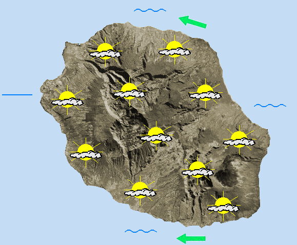 JOURNEE DU JEUDI 14  Retour d'un alizé plus sec.  L'humidité de ces derniers jours prend le large, et le soleil agrémente significativement la matinée ( même si  quelques plaques nuageuses traînent ici ou là). En milieu de journée, les nuages se font  remarquer dans les hauts et étendent progressivement leur influence sur l'île.  Des averses sont attendues, prioritairement sur les hauts de l'ouest  et glissent ensuite vers les zones littorales au fil de l'après-midi.  Les éclaircies s'installent durablement sur les littoraux nord et sud. Les températures maximales approchent 28°C en bordure de mer. Cet après-midi, l'alizé relaie les brises matinales,  avec de petites rafales de 40 à 50 km/h sur les côtes sud . Un petit vent de nord-est est de la partie en baie de la Possession. La mer est agitée à forte dans l'ouest et le sud. La houle australe entame son amortissement : comprise entre 2 mètres et 2 mètres 50 jusqu'en fin d'après-midi. Elle repasse sous le seuil des 2 mètres en soirée.