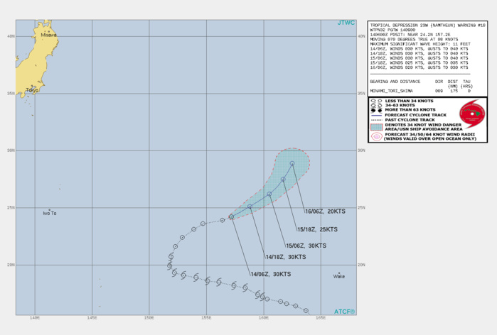 FORECAST REASONING. SIGNIFICANT FORECAST CHANGES: THERE ARE NO SIGNIFICANT CHANGES TO THE FORECAST FROM THE PREVIOUS WARNING. FORECAST DISCUSSION: TD NAMTHEUN WILL CONTINUE ON ITS CURRENT TRACK FOR THE DURATION OF THE FORECAST UNDER THE STEERING INFLUENCE OF THE SUBTROPICAL RIDGE(STR). THE MARGINAL ENVIRONMENT WILL SUSTAIN THE CURRENT INTENSITY FOR UP TO 24H. AFTERWARD, INCREASING VERTICAL WIND SHEAT AND COOLING SSTS WILL GRADUALLY ERODE THE SYSTEM TOWARD DISSIPATION BY 48H, POSSIBLY SOONER. CONCURRENTLY, THE CYCLONE WILL CONTINUE TO GAIN MORE SUBTROPICAL CHARACTERISTICS. FORECAST REASONING. SIGNIFICANT FORECAST CHANGES: THERE ARE NO SIGNIFICANT CHANGES TO THE FORECAST FROM THE PREVIOUS WARNING. FORECAST DISCUSSION: TD NAMTHEUN WILL CONTINUE ON ITS CURRENT TRACK FOR THE DURATION OF THE FORECAST UNDER THE STEERING INFLUENCE OF THE SUBTROPICAL RIDGE(STR). THE MARGINAL ENVIRONMENT WILL SUSTAIN THE CURRENT INTENSITY FOR UP TO 24H. AFTERWARD, INCREASING VERTICAL WIND SHEAT AND COOLING SSTS WILL GRADUALLY ERODE THE SYSTEM TOWARD DISSIPATION BY 48H, POSSIBLY SOONER. CONCURRENTLY, THE CYCLONE WILL CONTINUE TO GAIN MORE SUBTROPICAL CHARACTERISTICS.