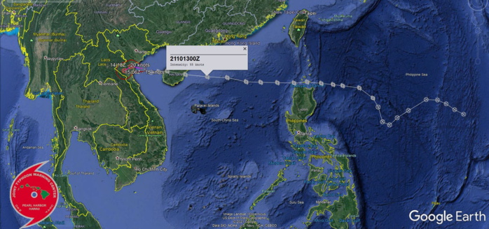 140900Z POSITION NEAR 19.5N 106.4E. 14OCT21. TROPICAL DEPRESSION 24W (KOMPASU), LOCATED APPROXIMATELY 101 NM SOUTH-SOUTHEAST OF HANOI, VIETNAM, HAS TRACKED WEST- NORTHWESTWARD AT 15 KM/H OVER THE PAST SIX HOURS. ANIMATED  MULTISPECTRAL SATELLITE IMAGERY SHOWS THE SYSTEM IS COMPLETELY  STRIPPED OF ANY DEEP CONVECTION, FULLY EXPOSING A RAGGED AND WEAK  LOW LEVEL CIRCULATION WHERE THE INITIAL POSITION IS PLACED WITH HIGH  CONFIDENCE. THE INITIAL INTENSITY IS BASED ON OVERALL ASSESSMENT OF  AGENCY DVORAK ESTIMATES AND EXTRAPOLATED FROM NEARBY SURFACE  OBSERVATIONS. ENVIRONMENTAL ANALYSIS INDICATES MEDIUM (15-20KT)  VERTICAL WIND SHEAR, GREATLY DIMINISHED OUTFLOW, AND DRY AIR  ENTRAINMENT FROM THE NORTHWEST HAVE DRASTICALLY ERODED THE  ASSOCIATED CONVECTION. THIS IS THE FINAL WARNING ON THIS SYSTEM BY  THE JOINT TYPHOON WRNCEN PEARL HARBOR HI.