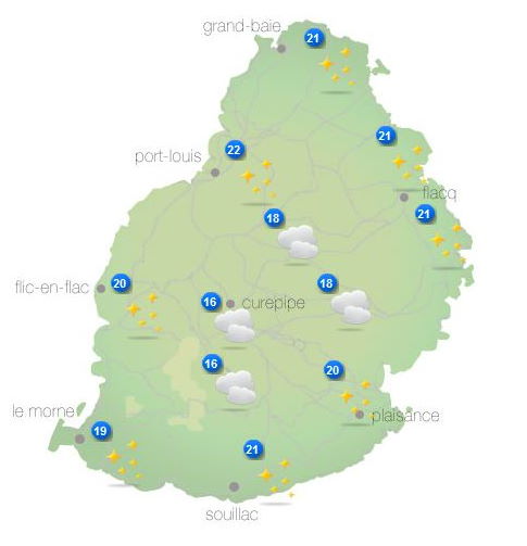 Bulletin prévision - Maurice  COMMUNIQUÉ DE LA MÉTÉO POUR MAURICE ÉMIS À 16H30 CE JEUDI 14 OCTOBRE 2021.     SITUATION GÉNÉRALE:  Un vent modéré souffle sur notre région.     PRÉVISIONS POUR LES PROCHAINES 24 HEURES:  Il fera essentiellement beau cette nuit.     La température minimale variera entre 16 et 18 degrés Celsius sur les hauteurs et entre 20 et 22 degrés Celsius sur le littoral.     Le temps restera beau demain.     La température maximale variera entre 23 et 26 degrés Celsius sur le plateau central et entre 28 et 30 degrés Celsius les régions côtières.     Vent d'Est-Sud-Est à environ 20 km/h.     Mer agitée avec des houles du secteur Sud de l'ordre de 2 mètres au-delà des récifs.     Marées Hautes :  22h07 et demain 11h19.  Marées Basses : Demain 04h25 et 17h29.     Lever du soleil (Demain) : 05h39.  Coucher du soleil (Demain) : 18h12.     La pression atmosphérique à 16h00 : 1019 hectoPascals.