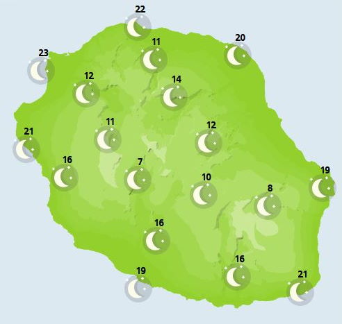 Situation générale le JEUDI 14  Alizé devenant modéré à assez fort.  NUIT DU JEUDI 14 au VENDREDI 15  Les  averses de la fin d'après-midi sur l'île s'arrêtent en début de soirée, les nuages peu à peu laissent place aux étoiles. Les températures minimales vont de 20 à 22°C en bordure de mer et jusqu'à 7°C dans les hauts. Un régime de brises prédomine cette nuit et  la mer est agitée sur l'ouest à forte dans le sud. La houle australe est en perte de vitesse.  VENDREDI 15  Une journée agréable se profile sur l'île. La matinée est ensoleillée. Des nuages se développent  l'après-midi préférentiellement sur les hauteurs de la Possession et de St-Paul. Des averses faibles et peu significatives sont alors possibles dans le secteur. Ailleurs pas grand chose à signaler, une alternance de périodes ensoleillées et de passages nuageux. Les températures maximales, très douces,  vont de 26 à 28°C sur le littoral. L'alizé est soutenu, des rafales avoisinant  70 km/h  sont attendues dans le sud et 50 /60 km/h dans le nord. Un vent de sud, proche de 40 km/h rentre sur les plages de l'ouest l'après-midi. La mer est agitée au vent. La houle australe continue de s'amortir et s'approche de 1.5 mètre.