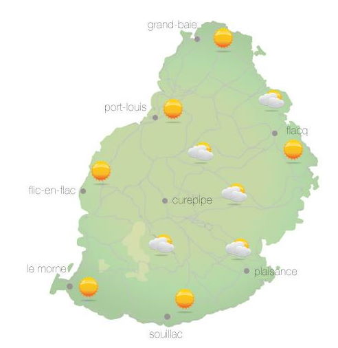 Bulletin prévision - Maurice  COMMUNIQUÉ DE LA MÉTÉO POUR MAURICE ÉMIS À 04H30 CE VENDREDI 15 OCTOBRE 2021.     SITUATION GÉNÉRALE: Un vent modéré souffle sur notre région.  PRÉVISIONS POUR LES PROCHAINES 24 HEURES:  Beau temps ce matin et ensoleillé au cours de la journée.  La température maximale variera entre 23 et 26 degrés Celsius sur le plateau central et entre 28 et 30 degrés Celsius les régions côtières.  Il y aura ondées passagères durant la nuit principalement à l'Est, au Sud et sur le plateau central.  La température minimale variera entre 17 et 19 degrés Celsius sur les hauteurs et entre 20 et 22 degrés Celsius sur le littoral.  Vent d'Est-Sud-Est à environ 20 km/h.   Mer agitée au-délà des récifs avec des houles du secteur Sud de l'ordre de 2 mètres.     Marées Hautes : 11h19 et 22h46.  Marées Basses : 17h29 et demain 05h05.     Lever du soleil     : 05h39.  Coucher du soleil : 18h12.     La pression atmosphérique à 04h00 : 1019 hectoPascals.