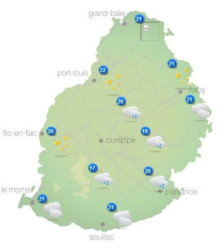 Bulletin prévision - Maurice  COMMUNIQUÉ DE LA MÉTÉO POUR MAURICE ÉMIS À 16H30 VENDREDI 15 OCTOBRE 2021.   SITUATION GÉNÉRALE:   Un vent modéré souffle sur notre région. D'autre part des nuages dans le flux de l'est sud est influenceront le temps local tard la nuit.  PRÉVISIONS POUR LES PROCHAINES 24 HEURES:   Il fera essentiellement beau dans la soirée. Mi-couvert par la suite avec quelques ondées passagères principalement à l'Est, au Sud et sur le plateau central. La température minimale variera entre 17 et 19 degrés Celsius sur les hauteurs et entre 20 et 22 degrés Celsius sur le littoral.  Après quelques ondées principalement sur les hauteurs tôt demain matin, il fera beau  au cours de la journée. La température maximale variera entre 23 et 25 degrés Celsius sur le plateau central et entre 27 et 29 degrés Celsius les régions côtières.  Vent d'Est-Sud-Est à environ 20 km/h, se renforçant légèrement demain. Mer agitée avec des houles du secteur Sud de l'ordre de 2 mètres au-délà des récifs.     Marées Hautes :  22h46 et demain 11h37.  Marées Basses : 17h29 et demain 05h05.     Lever du soleil (Demain) : 05h38.  Coucher du soleil (Demain) : 18h13.     La pression atmosphérique à 16h00 : 1018 hectoPascals.