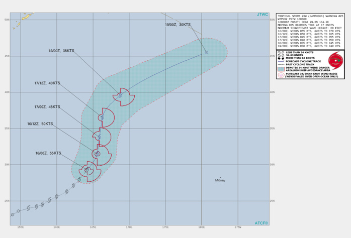 FORECAST REASONING. SIGNIFICANT FORECAST CHANGES: THERE ARE NO SIGNIFICANT CHANGES TO THE FORECAST FROM THE PREVIOUS WARNING, HOWEVER, TRACK SPEEDS HAVE BEEN ADJUSTED SLIGHTLY FASTER BASED ON RECENT ACCELERATION OF FORWARD MOTION. FORECAST DISCUSSION: TS 23W IS IN THE PROCESS OF SHIFTING TO A MORE NORTHERLY TRACK AS THE STEERING RIDGE TO THE EAST CONTINUES TO STRENGTHEN. HIGH AMPLITUDE FLOW IS ALLOWING NAMTHEUN TO MAINTAIN TROPICAL CHARACTERISTICS AS IT TRAVELS WELL INTO THE MID-LATITUDES, AND IT HAS SO FAR REMAINED RESILIENT TO THE EFFECTS OF VWS. SST WILL REMAIN GENERALLY SUPPORTIVE FOR THE NEXT 12-18 HOURS. TS NAMTHEUN SHOULD BE ABLE TO MAINTAIN STRONG TROPICAL STORM INTENSITY OVER THE NEXT 12 HOURS GIVEN THE VERY FAVORABLE OUTFLOW SUPPORT, HOWEVER, AFTER THAT TIME DECLINING SST AND THE EFFECTS OF DRY AIR ENTRAINMENT WILL DRIVE A SLOW WEAKENING TREND. EXTRA-TROPICAL TRANSITION (ETT) WILL BEGIN AROUND 36H, AND BE WELL UNDERWAY BY 48H AS THE SYSTEM BEGINS TO ROUND THE RIDGE. AT THE SAME TIME, TS 23W WILL INCREASINGLY FEEL THE INFLUENCE OF INCREASING VWS DUE TO AN APPROACHING TROUGH. TS 23W WILL COMPLETE ETT BY 72H, WITH THE REMNANT GALE-FORCE LOW ACCELERATING TO THE NORTHEAST. FORECAST REASONING. SIGNIFICANT FORECAST CHANGES: THERE ARE NO SIGNIFICANT CHANGES TO THE FORECAST FROM THE PREVIOUS WARNING, HOWEVER, TRACK SPEEDS HAVE BEEN ADJUSTED SLIGHTLY FASTER BASED ON RECENT ACCELERATION OF FORWARD MOTION. FORECAST DISCUSSION: TS 23W IS IN THE PROCESS OF SHIFTING TO A MORE NORTHERLY TRACK AS THE STEERING RIDGE TO THE EAST CONTINUES TO STRENGTHEN. HIGH AMPLITUDE FLOW IS ALLOWING NAMTHEUN TO MAINTAIN TROPICAL CHARACTERISTICS AS IT TRAVELS WELL INTO THE MID-LATITUDES, AND IT HAS SO FAR REMAINED RESILIENT TO THE EFFECTS OF VWS. SST WILL REMAIN GENERALLY SUPPORTIVE FOR THE NEXT 12-18 HOURS. TS NAMTHEUN SHOULD BE ABLE TO MAINTAIN STRONG TROPICAL STORM INTENSITY OVER THE NEXT 12 HOURS GIVEN THE VERY FAVORABLE OUTFLOW SUPPORT, HOWEVER, AFTER THAT TIME DECLINING SST AND THE EFFECTS OF DRY AIR ENTRAINMENT WILL DRIVE A SLOW WEAKENING TREND. EXTRA-TROPICAL TRANSITION (ETT) WILL BEGIN AROUND 36H, AND BE WELL UNDERWAY BY 48H AS THE SYSTEM BEGINS TO ROUND THE RIDGE. AT THE SAME TIME, TS 23W WILL INCREASINGLY FEEL THE INFLUENCE OF INCREASING VWS DUE TO AN APPROACHING TROUGH. TS 23W WILL COMPLETE ETT BY 72H, WITH THE REMNANT GALE-FORCE LOW ACCELERATING TO THE NORTHEAST.
