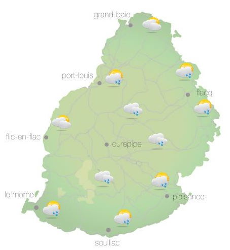 Bulletin prévision - Maurice  COMMUNIQUÉ DE LA MÉTÉO POUR MAURICE ÉMIS À 04H30 CE DIMANCHE 17 OCTOBRE 2021.     SITUATION GÉNÉRALE:  Un courant d'air légèrement perturbé circule sur notre région.     PRÉVISIONS POUR LES PROCHAINES 24 HEURES:  Mi-couvert ce matin devant parfois nuageux avec des ondées passagères principalement à l'Est, au Sud et sur le Plateau Central.  Les ondées deviendront moins fréquentes dans l'après-midi.  Des poches de brouillard sont aussi attendues sur les hauteurs.     La température maximale variera entre 22 et 24 degrés Celsius sur le plateau central et entre 26 et 29 degrés Celsius les régions côtières.     Ciel partiellement nuageux cette nuit avec quelques ondées sur les terrains élevés.     La température minimale variera entre 16 et 18 degrés Celsius sur le Plateau Central et entre 20 et 22 degrés Celsius sur le littoral.     Le vent soufflera du secteur Est à environ 25 km/h avec des pointes de 55 km/h aux endroits exposés.     Mer agitée avec des vagues de l'ordre de 2 mètres au-delà des récifs.     Marées Hautes : 11h49 et 23h41.  Marées Basses : 05h35 et demain 18h07.     Lever du soleil     : 05h37.  Coucher du soleil : 18h13.     La pression atmosphérique à 04h00 : 1019 hectoPascals.