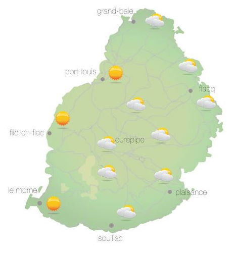 Bulletin prévision - Maurice  COMMUNIQUÉ DE LA MÉTÉO POUR MAURICE ÉMIS À 16H30 CE DIMANCHE 17 OCTOBRE 2021.   SITUATION GÉNÉRALE:  Un courant d'air modéré circule sur notre région. D'autre part, des nuages venant du Nord Est influencent le temps local.  PRÉVISIONS POUR LES PROCHAINES 24 HEURES: Périodes nuageuses ce soir et durant la nuit au Nord Est, à l'Est et sur les terrains élevés avec des ondées passagères. Mi-couvert ailleurs avec quelques ondées.  La température minimale variera entre 16 et 18 degrés Celsius sur le plateau central et entre 20 et 22 degrés Celsius sur le littoral.  Beau temps demain.  La température maximale variera entre 23 et 25 degrés Celsius sur les hauteurs et entre 27 et 30 degrés Celsius les régions côtières.  Le vent soufflera du secteur Est à environ 20 km/h avec des pointes de 50 km/h aux endroits exposés.  Mer agitée avec des vagues de l'ordre de 2 mètres au-delà des récifs.     Marées Hautes :  23h41 et demain 12h01.  Marées Basses : 18h07 et demain 06h00.     Lever du soleil (Demain) : 05h37.  Coucher du soleil (Demain) : 18h13.     La pression atmosphérique à 16h00 : 1019 hectoPascals.