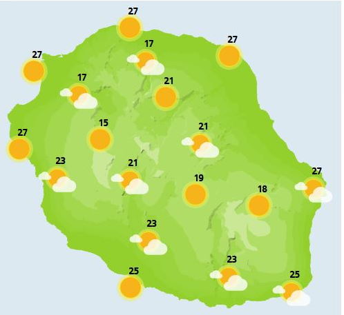 Situation générale le DIMANCHE 17  Alizé assez fort ,notamment en montagne.  NUIT DU DIMANCHE 17 au LUNDI 18  En première partie de soirée les nuages résistent encore. En seconde partie de nuit les éclaircies reprennent la main et le ciel devient étoilé.  Le vent de Secteur Est reste sensible le long des côtes Nord et Sud. Par contre en montagne et sur le relief exposé de fortes rafales entre 60 et 70 km/h sont toujours prévues. Sur le Maîdo, il faut compter par moment sur des rafales de l'ordre de70 à  80KM/h.  La mer reste peu agitée à agitée avec une houle d'alizé proche de 2 mètres.    LUNDI 18  Beau mais venteux  Au lever du jour, la Réunion se réveille majoritairement sous le soleil. Seuls quelques nuages sont présents le long du littoral Est et sur la Plaine des Palmistes mais rien de très menaçant. Ailleurs, dans les Cirques, la Plaine des Cafres et le sommet du Volcan c'est du soleil. L'après-midi, pas de grand changement si ce n'est quelques nuages de pente principalement sur les pentes de l'ouest du Port à Saint-Joseph avec quelques débordements en direction de l'océan.  Dans les cirques,  les éclaircies résistent et au dessus de 1500 mètres environ c'est du soleil.  Le vent de secteur Est à Nord Est reste soutenu avec des rafales de 50 à 60 voire 70km/h  sur la côte Sud  et  de Saint Denis au Port. Ce vent perd un peu de vigueur dans l'après-midi. Sur les crêtes exposés, le vent est également soutenu avec là aussi des bonnes rafales. Sur le Maîdo, les rafales peuvent par moment tutoyer les 80km/h.   Le vent est faible sur les plages de l'Ouest. La mer est peu agitée à agitée au vent avec une houle d'alizé  entre 1 mètre 50 et 2 mètres.