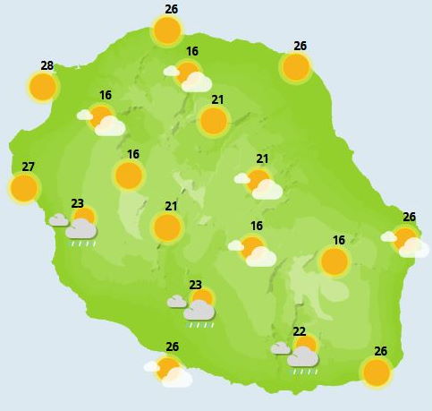 MARDI 19  Quelques entrées maritimes sont possibles sur la façade Est de l'île en tout début de journée mais partout ailleurs le soleil règne en maître. Les nuages présents en cours de journée sont peu épais et ne résistent guère à l'ardeur du soleil qui s'impose sur la majorité de l'île et notamment sur les sommets comme au Piton des neiges, au Maïdo et au volcan. L'alizé est peu véloce et souffle modérément sur le littoral Nord ainsi que le long du Sud sauvage. Ailleurs, les brises sont bien en place toute la journée. Les thermomètres flirtent avec les 30°C sur le littoral Ouest, 24°C dans les cirques et dépassent 18°C au volcan. Côté océan, il faut seulement noter la présence d'une petite houle d'alizé de l'ordre de 1 mètre 50 à 2 mètres.    MERCREDI 20  Après une matinée assez lumineuse, le ciel s'ennuage dans l'intérieur au fil de la matinée et quelques averses de faible intensité se déclenchent alors dans les hauts l'après-midi. L'inversion remonte vers 2000m et laisse encore les plus hauts sommets dégagés. Le vent d'Est est plus faible que la veille et les brises sont alors prédominantes en journée. La mer est agitée avec l'arrivée d'une houle australe entre 1 mètre 50 et 2 mètres ressentie du Sud de la Pointe des Aigrettes jusqu'à la Pointe de la Table en passant par Saint-Pierre.