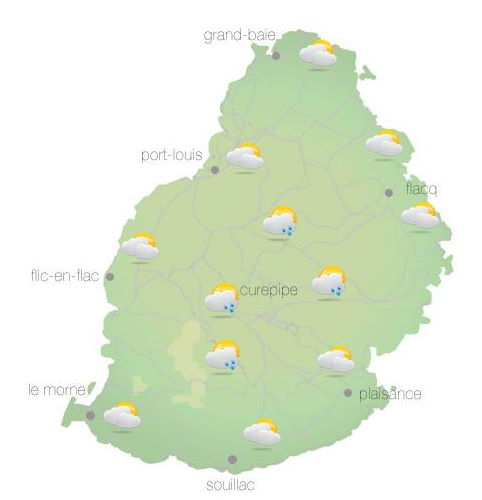 Bulletin prévision - Maurice  COMMUNIQUÉ DE LA MÉTÉO POUR MAURICE ÉMIS À 04H30 CE MARDI 19  OCTOBRE 2021.  SITUATION GÉNÉRALE:  Quelques nuages dans le flux de l'est influenceront le temps local ce matin.  PRÉVISIONS POUR LES PROCHAINES 24 HEURES: Il y aura des périodes nuageuses ce matin avec quelques ondées principalement sur les hauteurs. Mi-couvert en général dans l'après-midi.  La température maximale variera entre 23 et 25 degrés Celsius sur le plateau central et entre 27 et 30 degrés Celsius sur les régions côtières.  Il fera essentiellement beau durant la nuit.  La température minimale variera entre 16 et 18 degrés Celsius sur les hauteurs et entre 20 et 22 degrés Celsius sur le littoral.  Le vent soufflera du secteur est à environ 25 km/h avec des pointes de 50 km/h aux endroits exposés. Le vent s'affaiblira graduellement au cours de la journée.  Mer agitée avec des vagues de l'ordre de 2 mètres au-delà des récifs.     Marées Hautes : 12h16 et demain 00h33.  Marées Basses : 06h21 et 18h42.     Lever du soleil     : 05h36.  Coucher du soleil : 18h13.     La pression atmosphérique à 04h00 : 1020 hectoPascals.